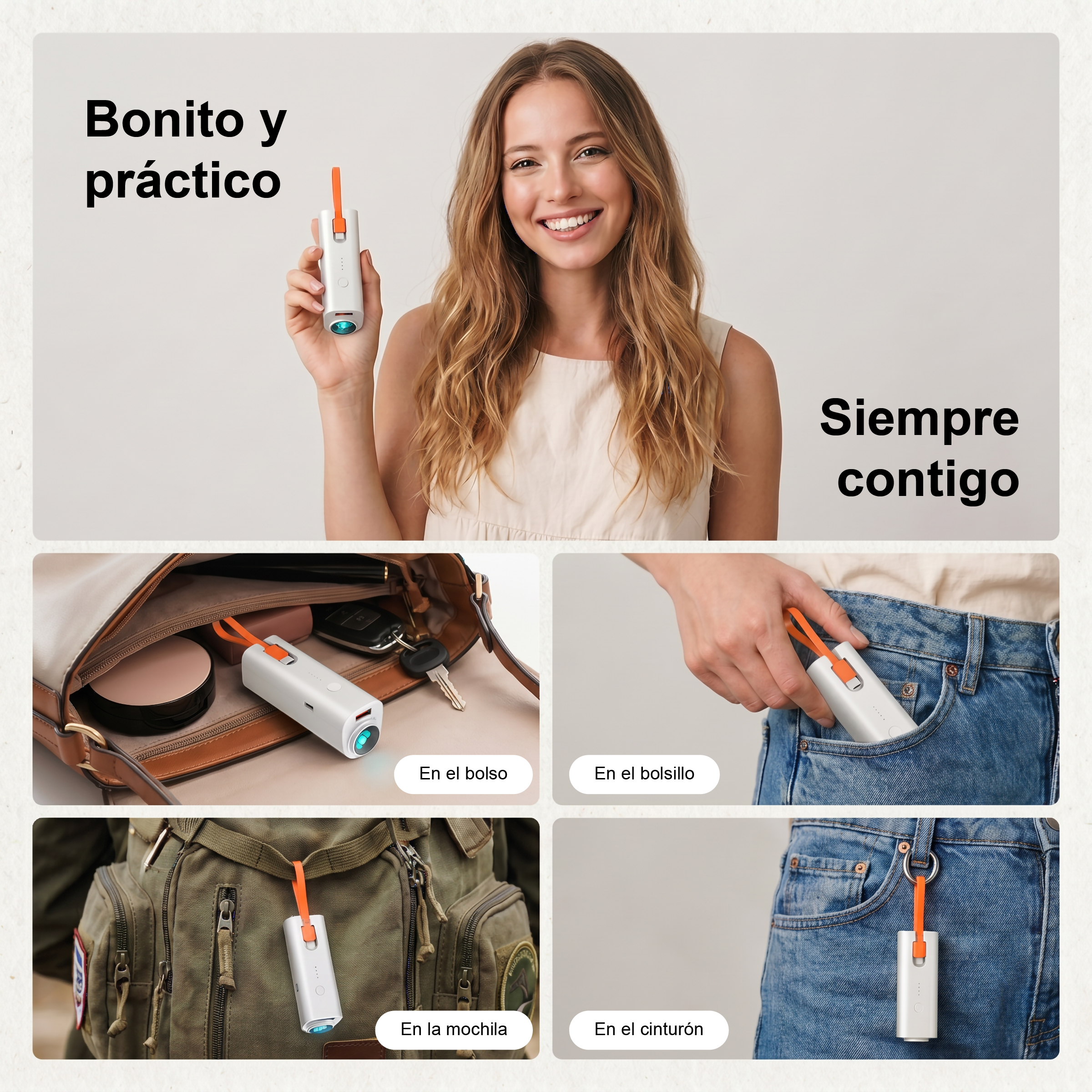 Una mujer sostiene un cargador blanco con correa naranja. Cabe en bolso, bolsillo, mochila y cinturón.