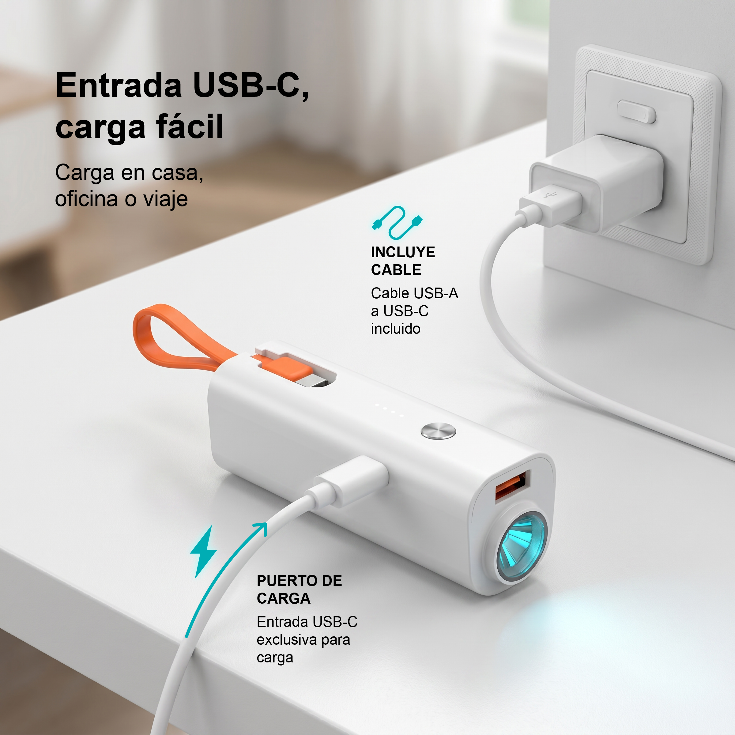 Un accesorio de carga blanco con puerto USB-C, conectado a un enchufe de pared.