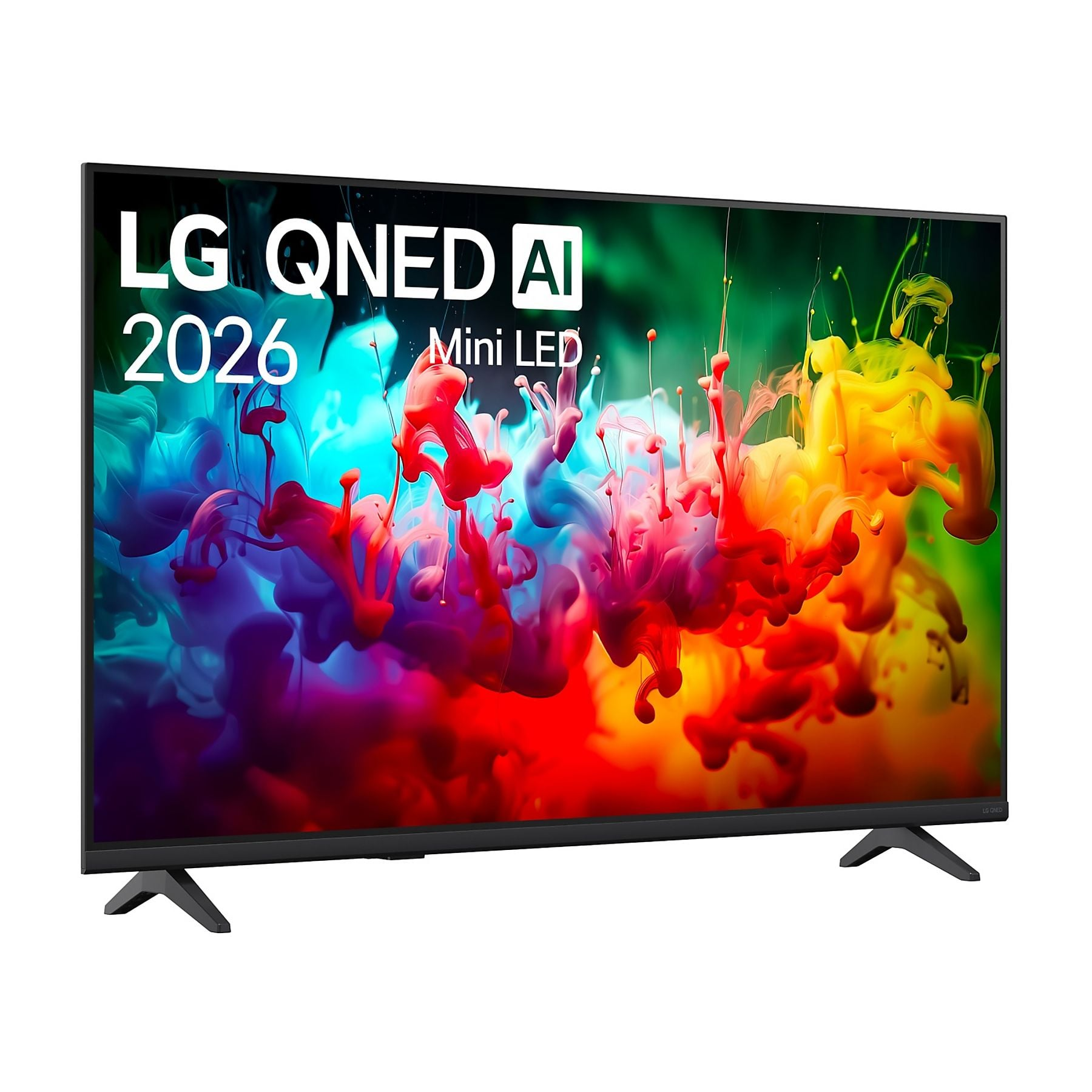 Una TV LG QNED AI Mini LED con uno sfondo astratto e colorato.