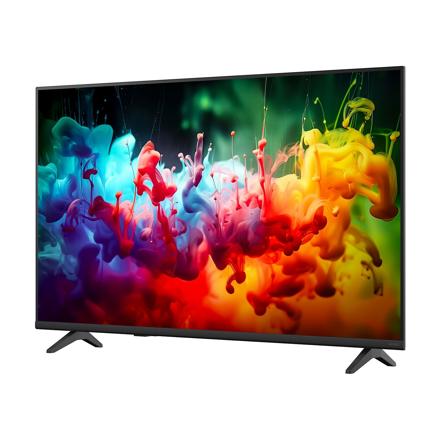 Un televisore nero con uno screensaver colorato con nuvole di colore simili al fumo.