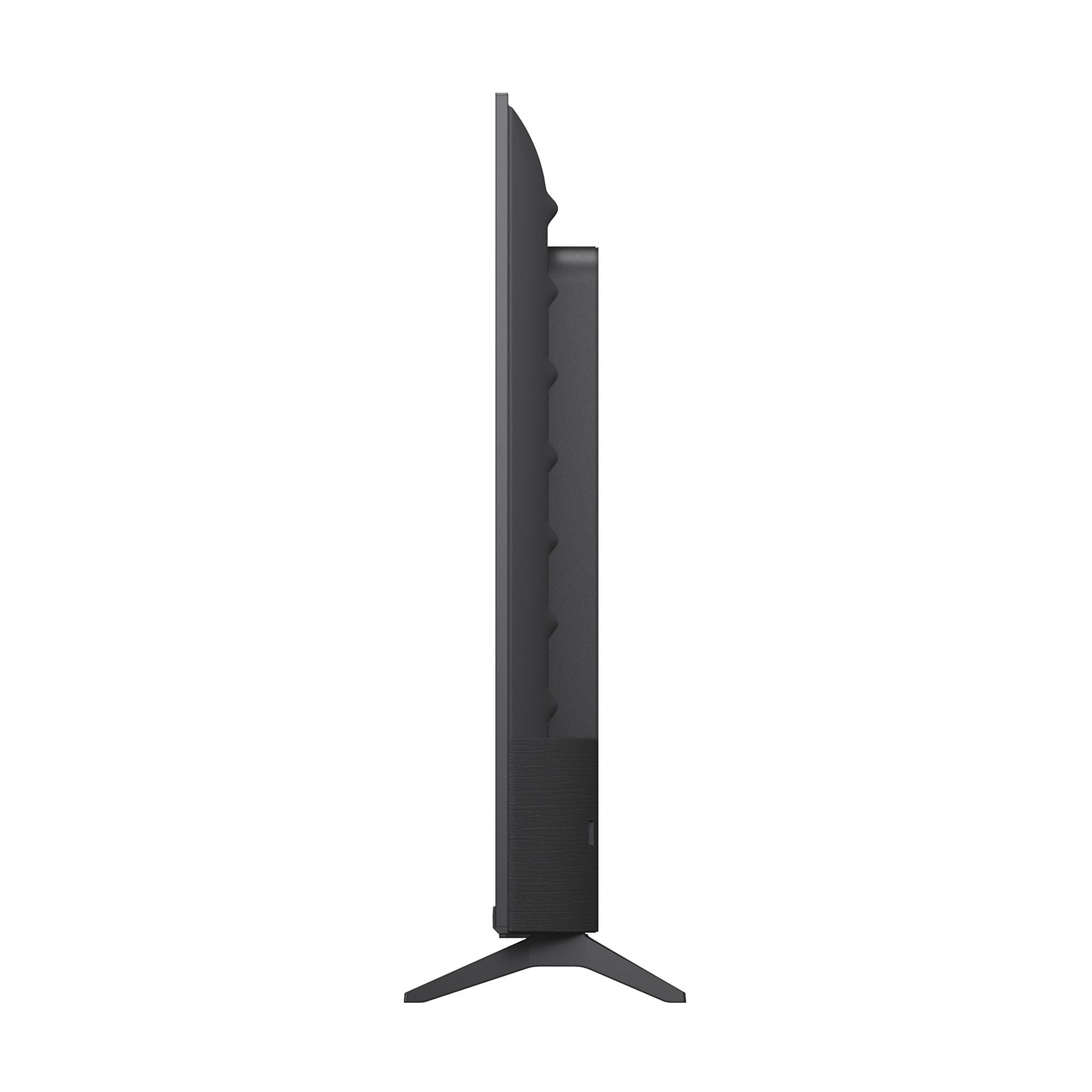 Vista laterale di una TV nera sottile con supporto argentato.