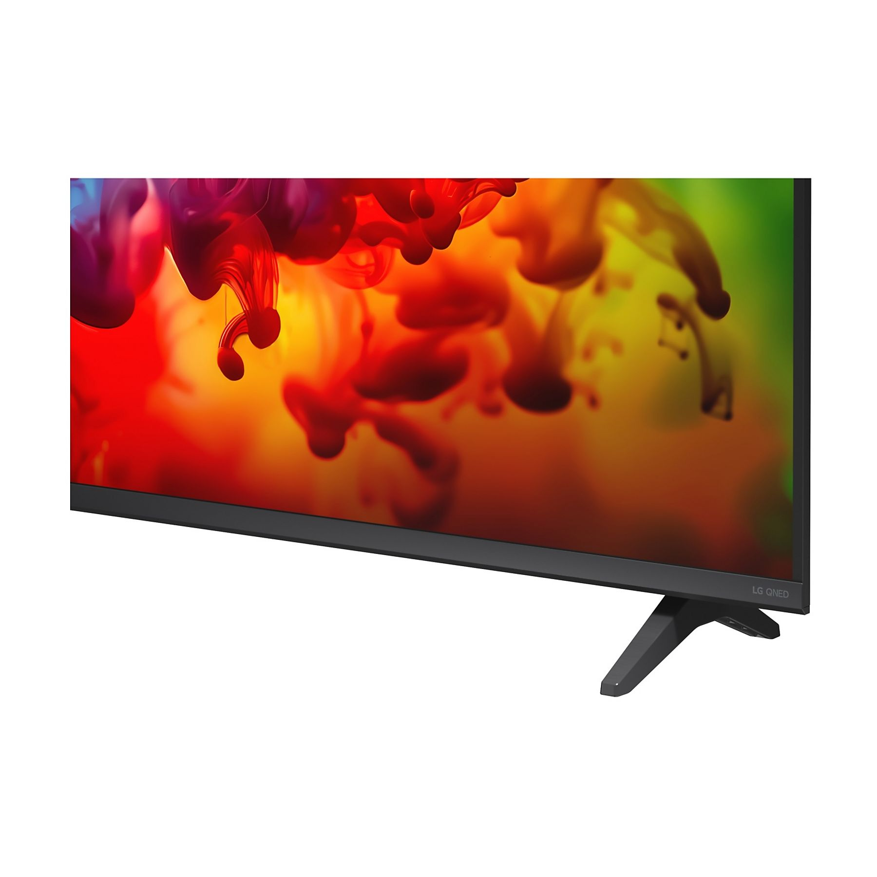 TV LG QNED con gocce d'inchiostro astratte rosse e gialle su sfondo verde.
