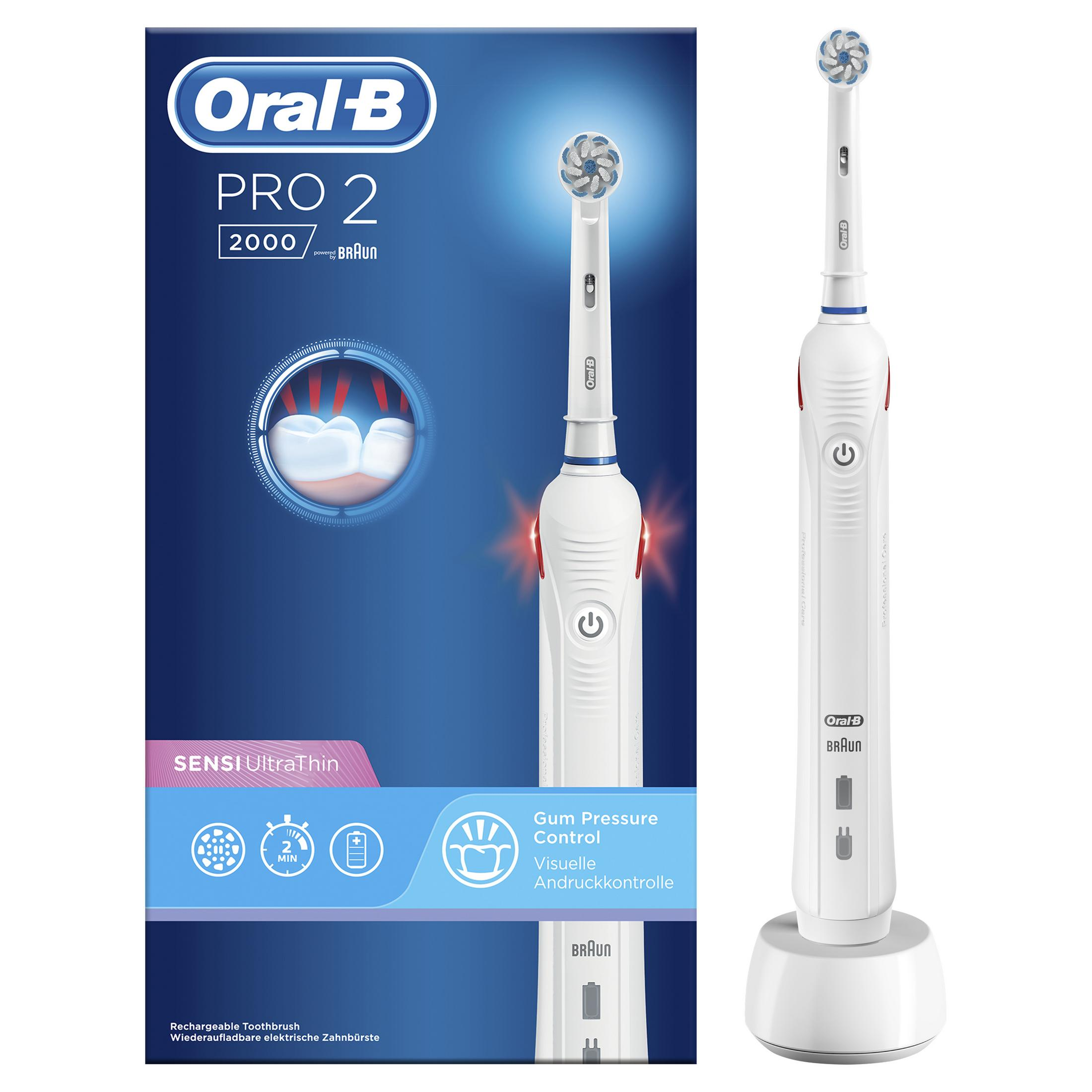 Cepillo eléctrico Oral-B Pro 2 2000 en cargador con características.