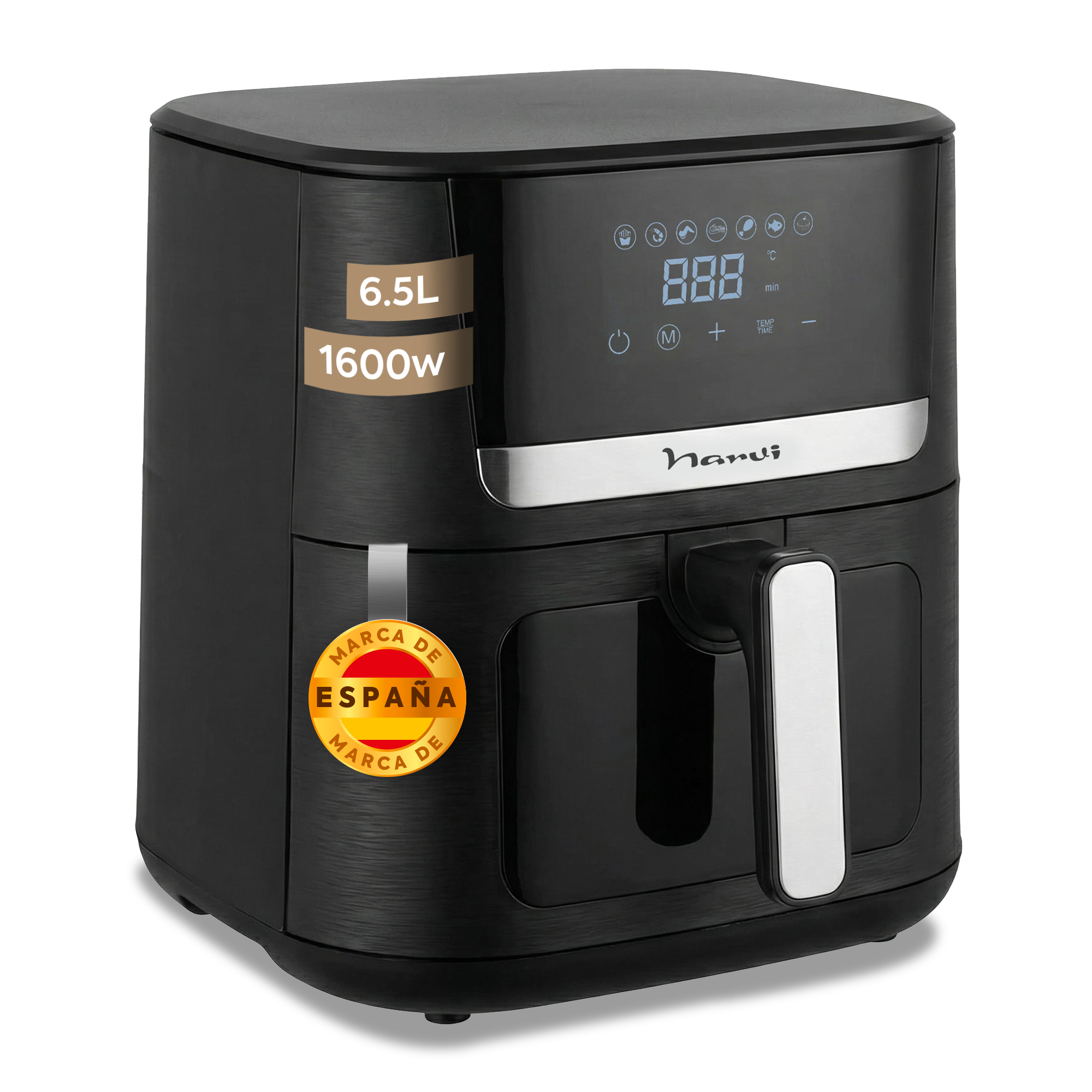 Freidora de aire negra de 6,5 L, 1600 W de potencia y pantalla digital.