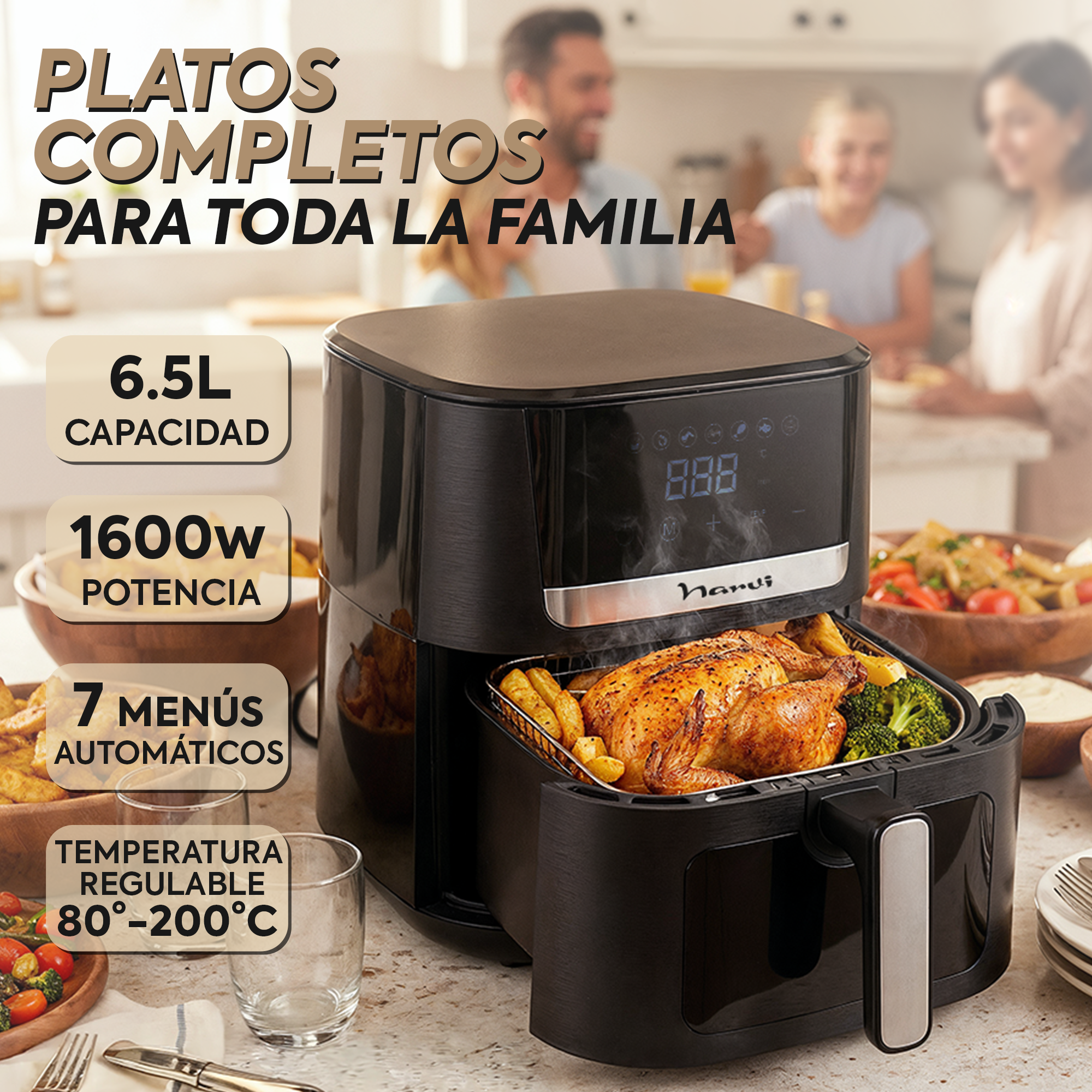 Una freidora de aire negra con un pollo asado entero y guarniciones.