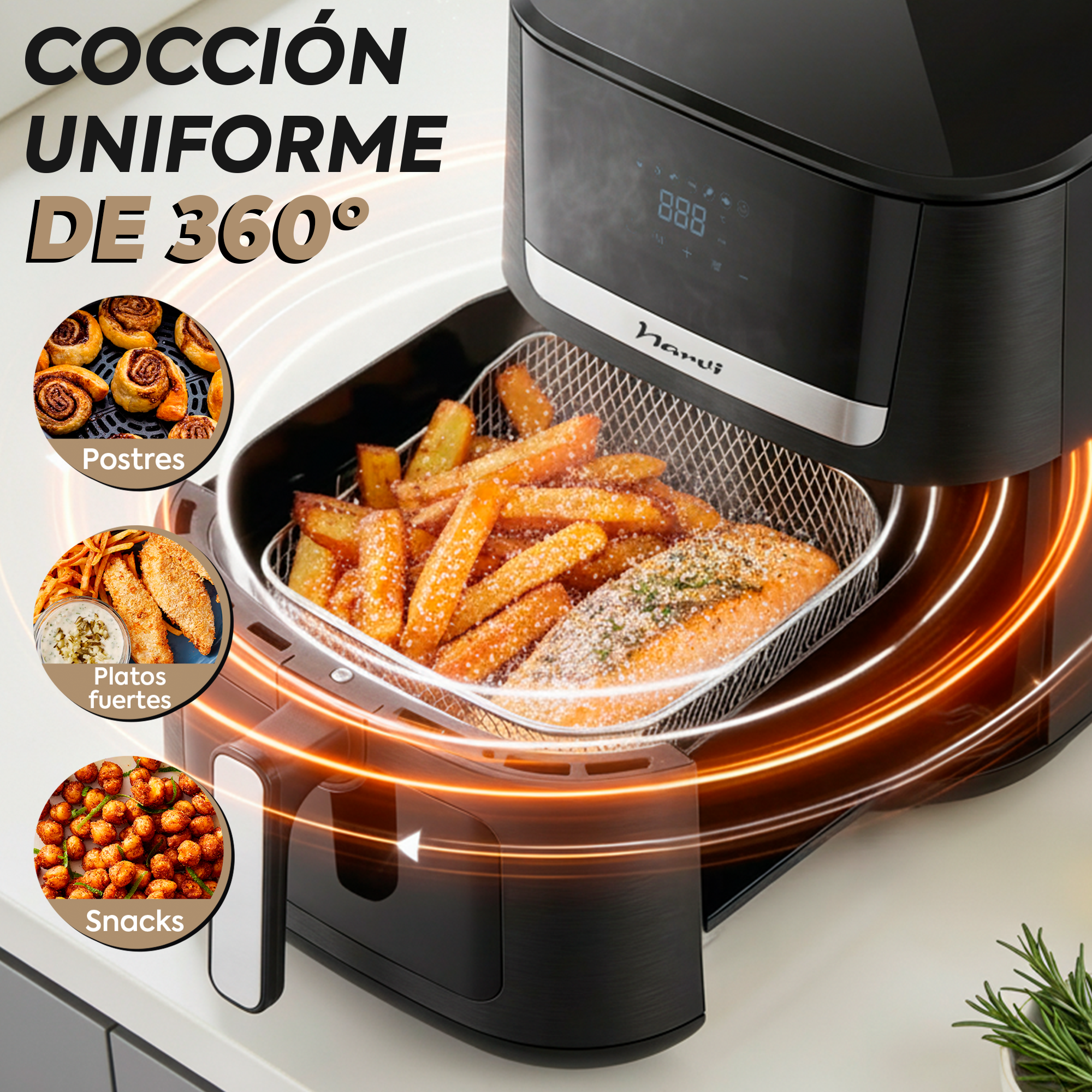 Una freidora de aire negra con papas fritas y salmón en una canasta.