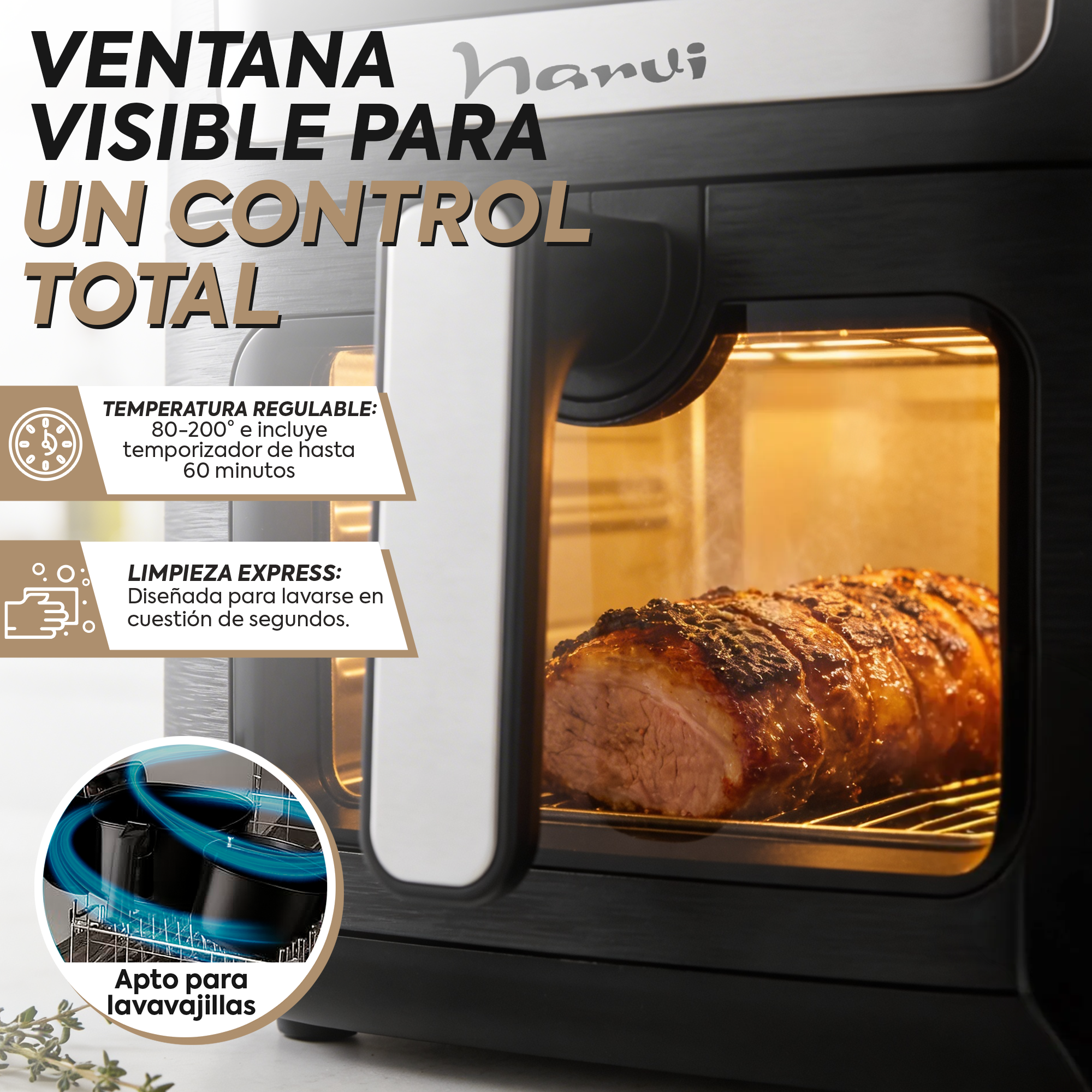 Un asado se cocina en un horno con ventana visible. Info de temp. y limpieza.
