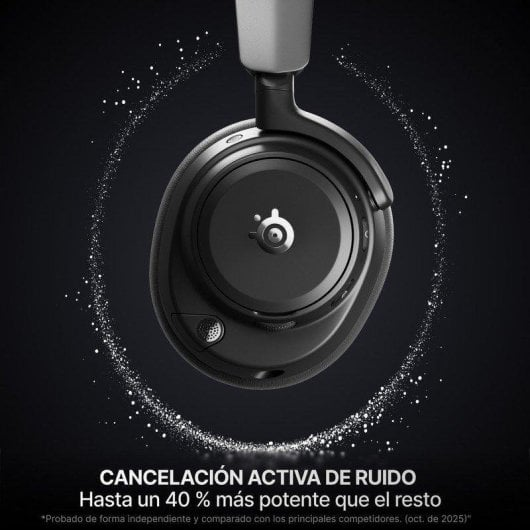 Auriculares negros con partículas de brillo y texto.