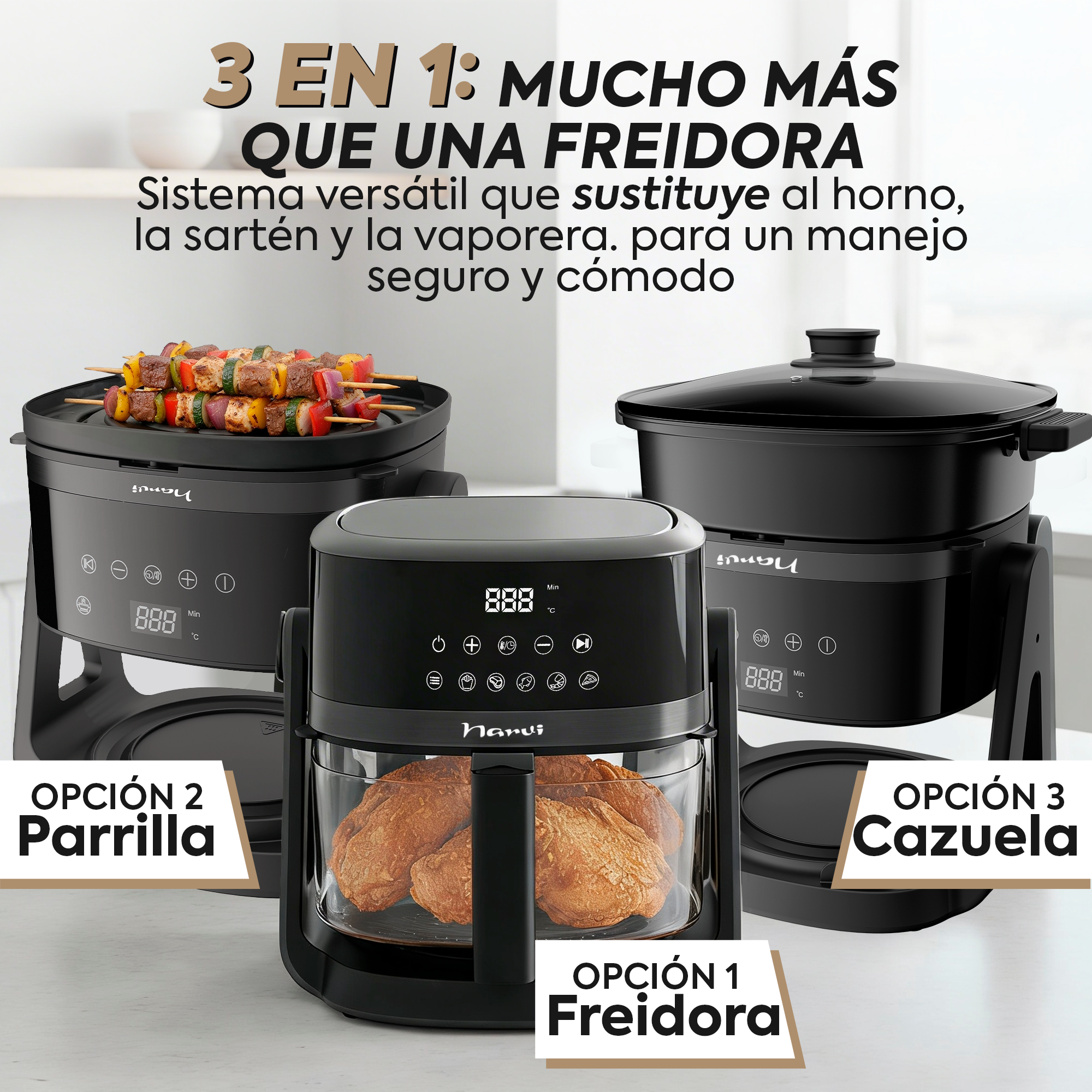 Tres electrodomésticos negros: freidora, parrilla y olla. Brochetas en parrilla.