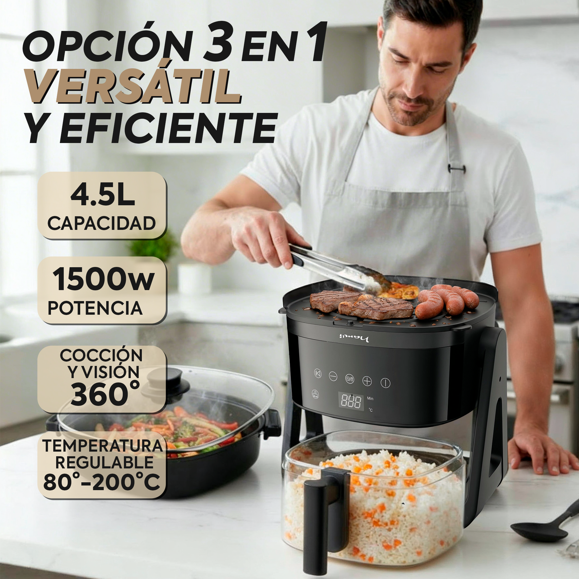 Hombre asa filetes y salchichas en un aparato negro con un recipiente de vidrio al lado.