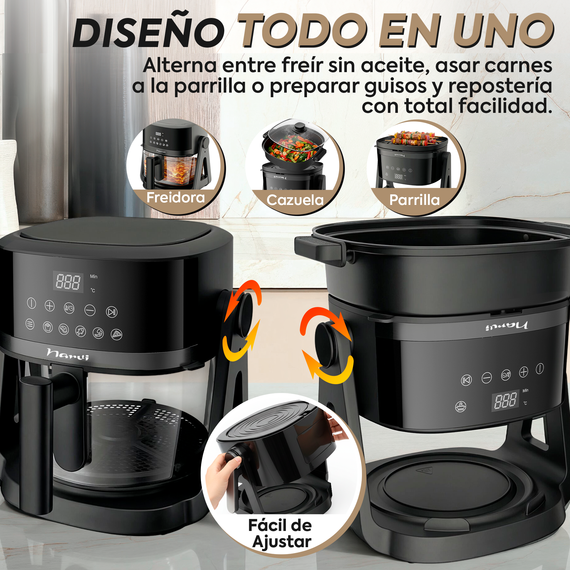 Dos electrodomésticos de cocina negros con pantallas digitales, uno muestra su cesta.