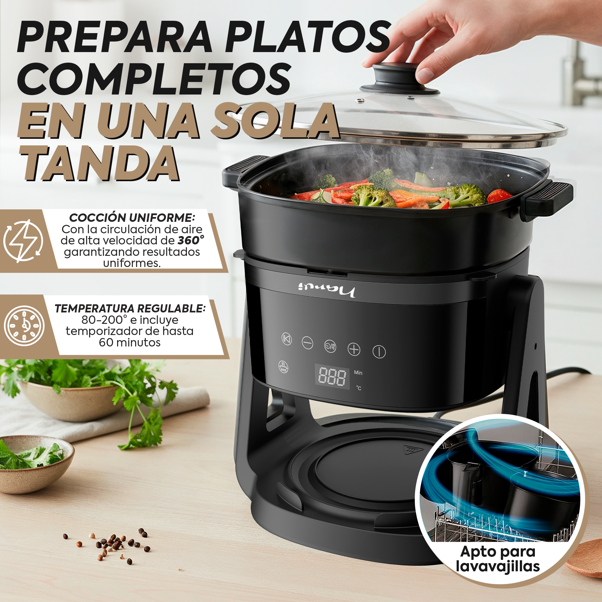 Una vaporera negra con verduras, tapa levantada por una mano. El texto describe.