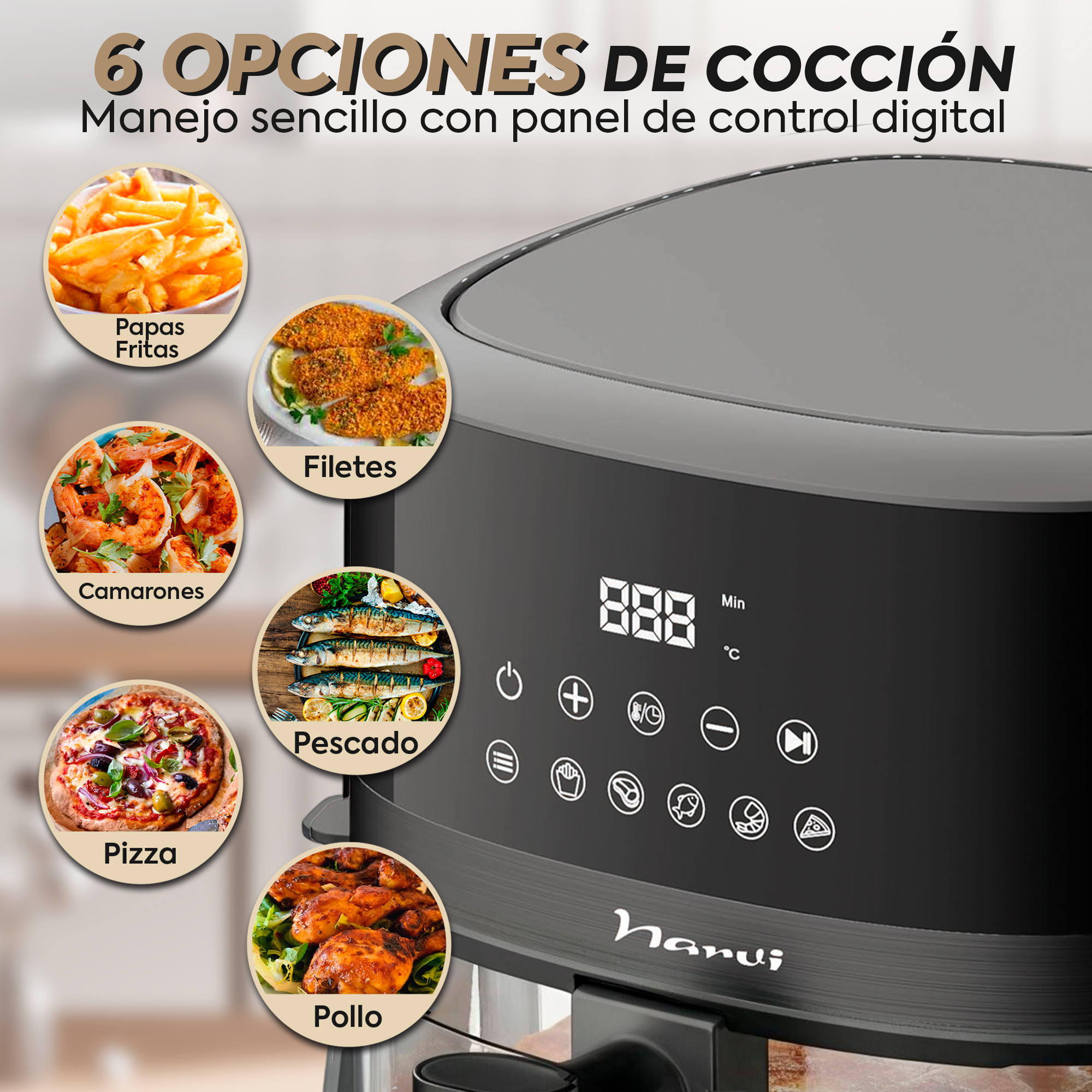 Freidora de aire con 6 opciones de cocción: papas fritas, filetes, camarones, pizza, pescado.