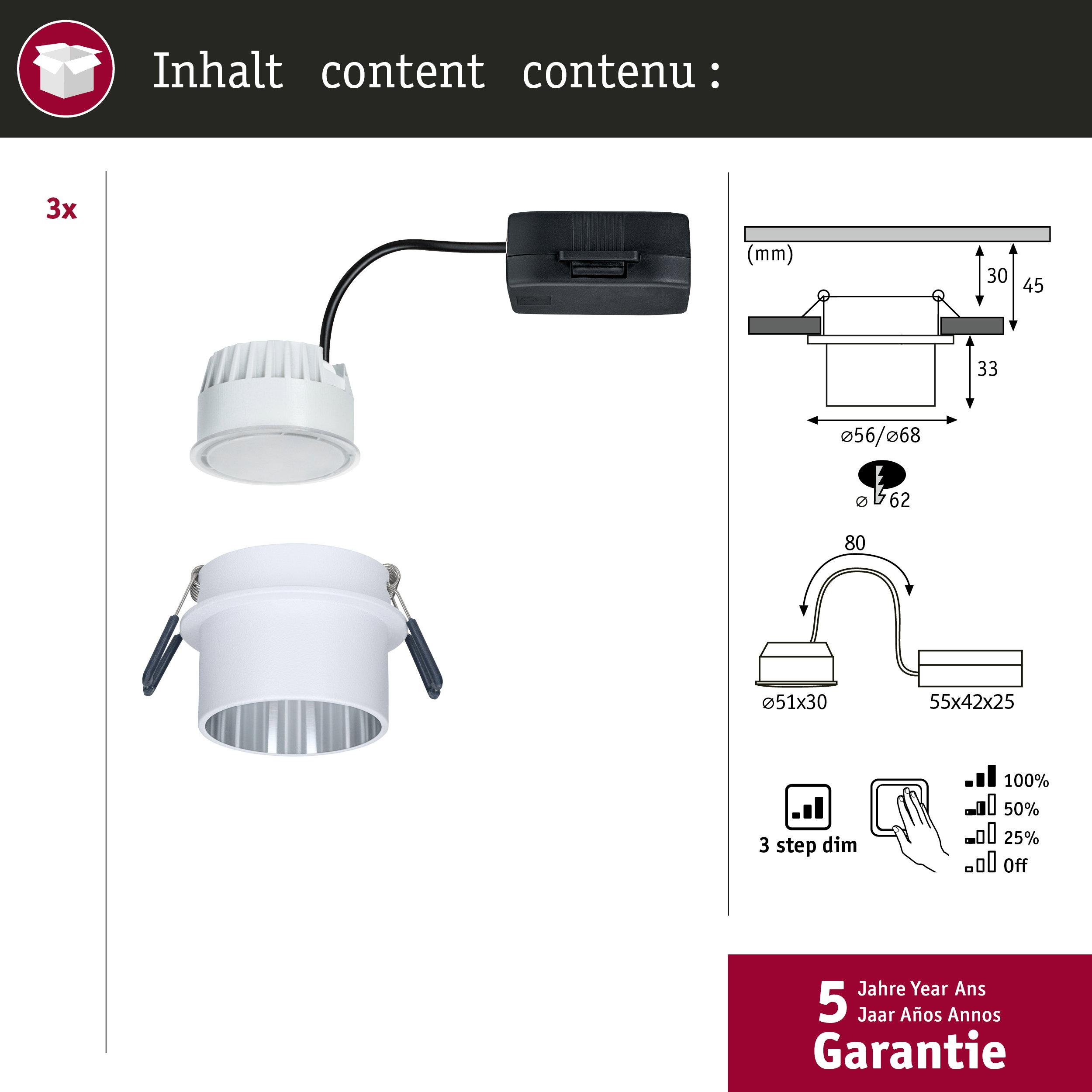 3 faretti da incasso bianchi con cavo e driver, dimensioni e montaggio.