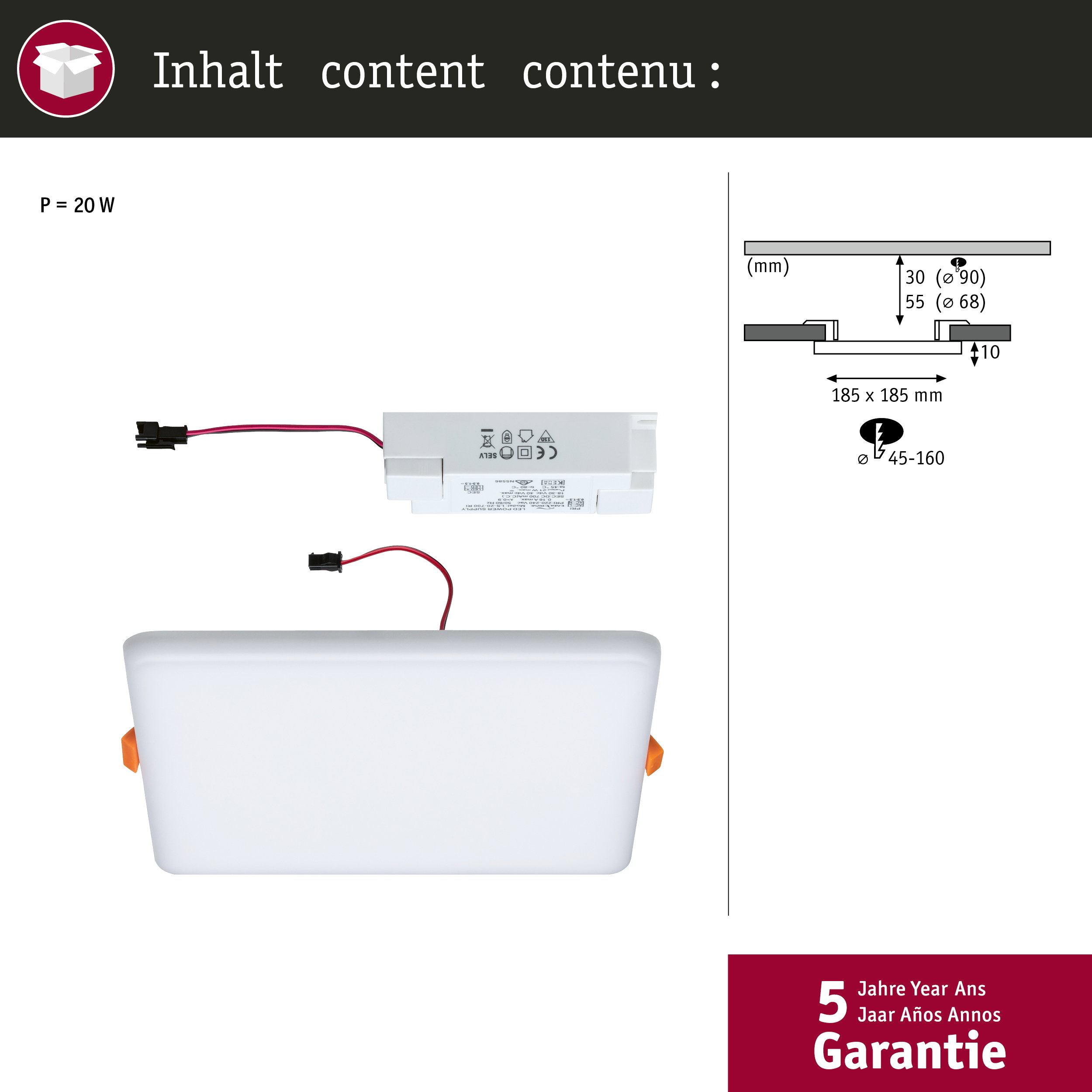 Una cornice rettangolare per downlight LED da incasso a soffitto con driver e disegni dimensionali.