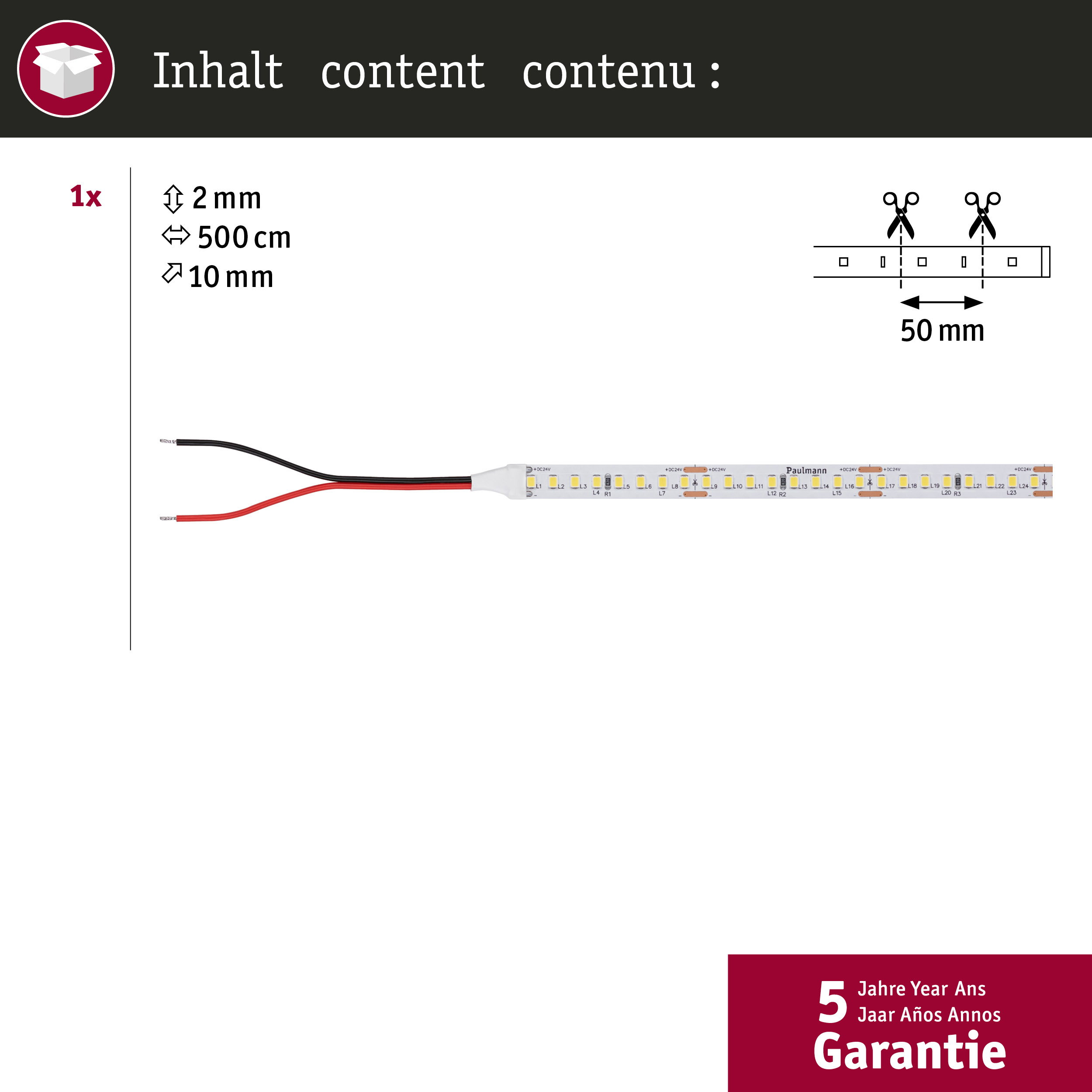 Taśma LED, 2 mm x 500 cm, szerokość 10 mm, z czerwonym i czarnym kablem.