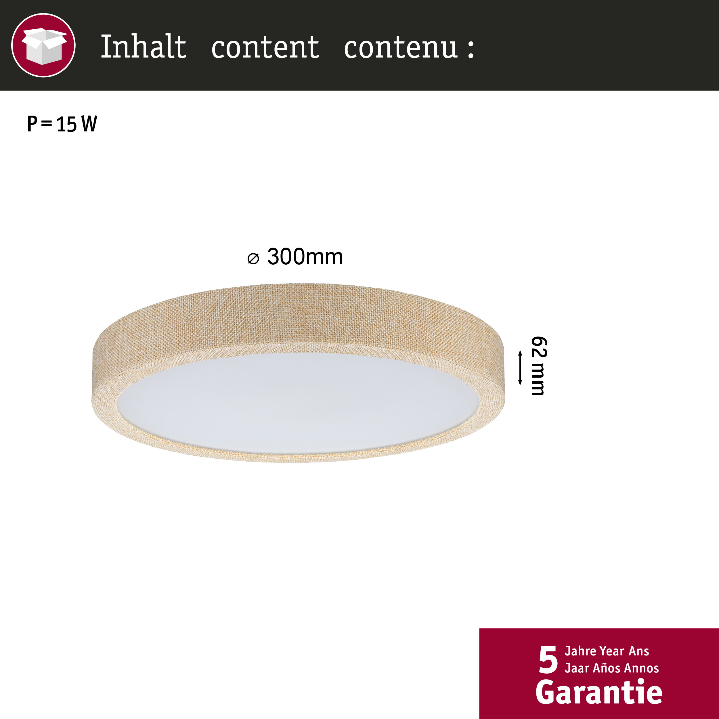 Beżowa lampa sufitowa o średnicy 300mm i wysokości 62mm.