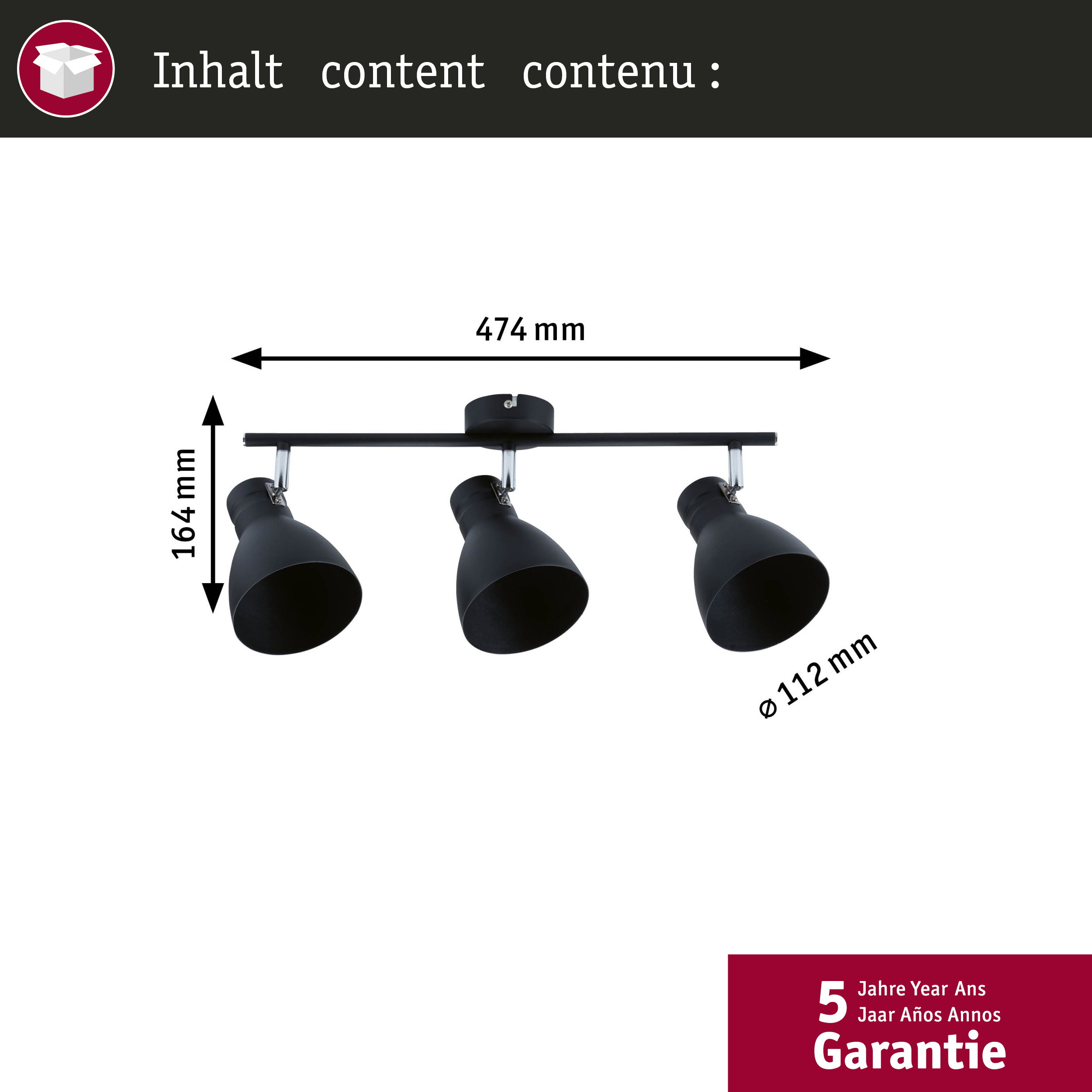 Faretti da soffitto neri con tre spot, larghi 474mm, alti 164mm.