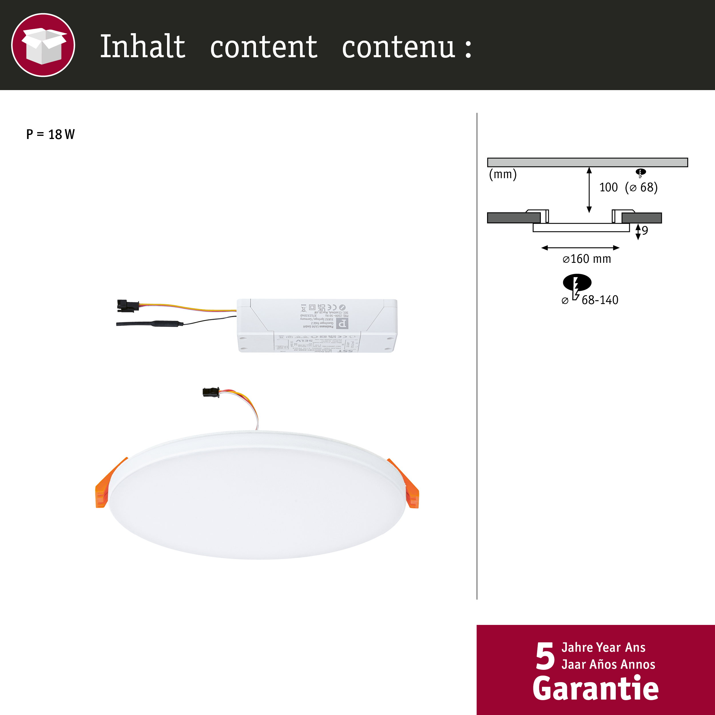 Una plafoniera LED bianca con driver e dimensioni di montaggio.