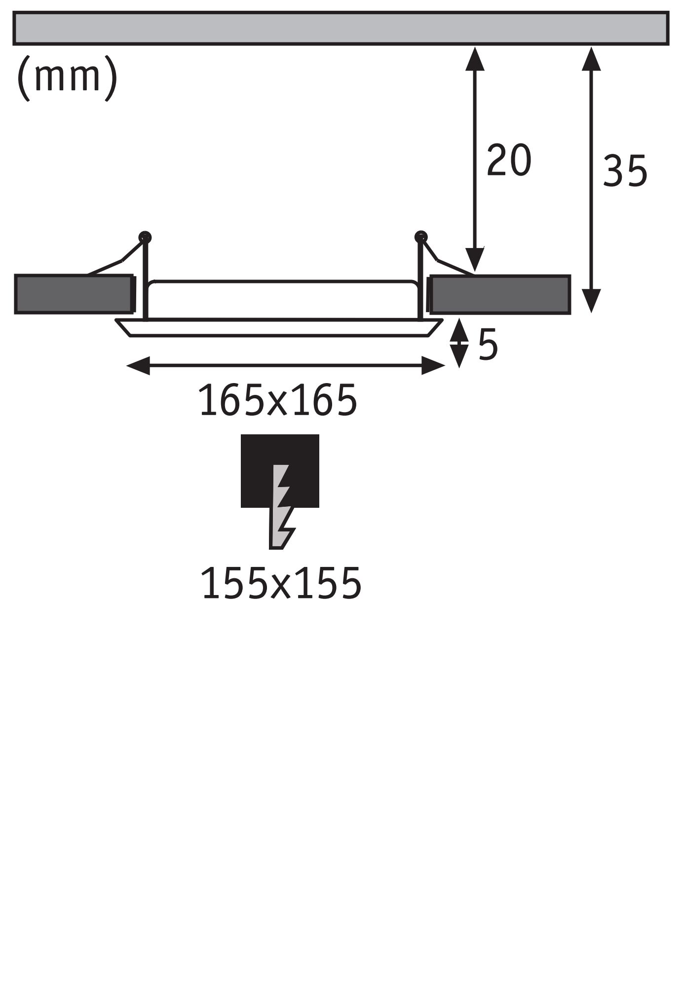 Schemat z wymiarami: 165x165 mm, 155x155 mm, 20 mm, 35 mm, 5 mm.