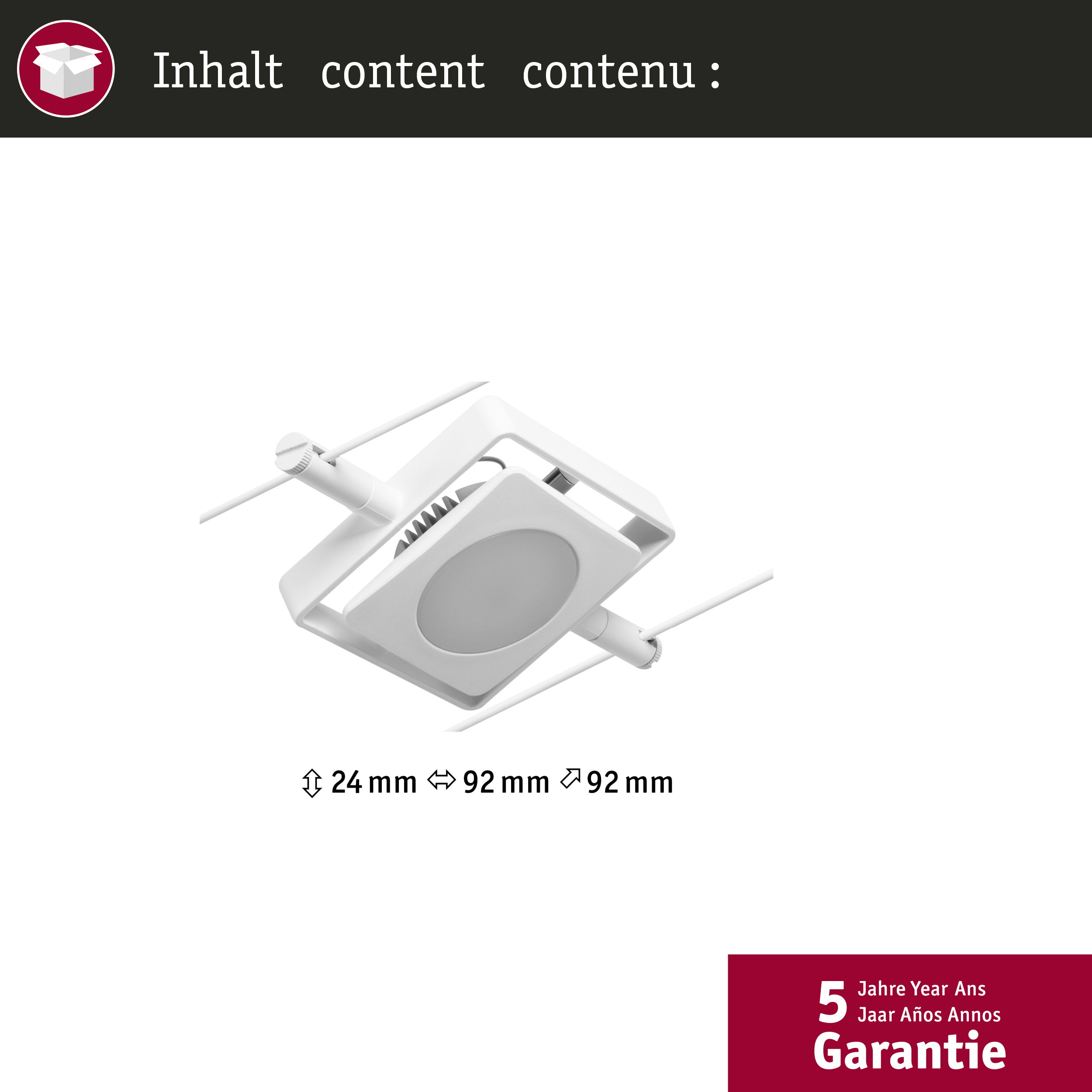 Lampada bianca con dimensioni 24mm, 92mm, 92mm. 5 anni garanzia.