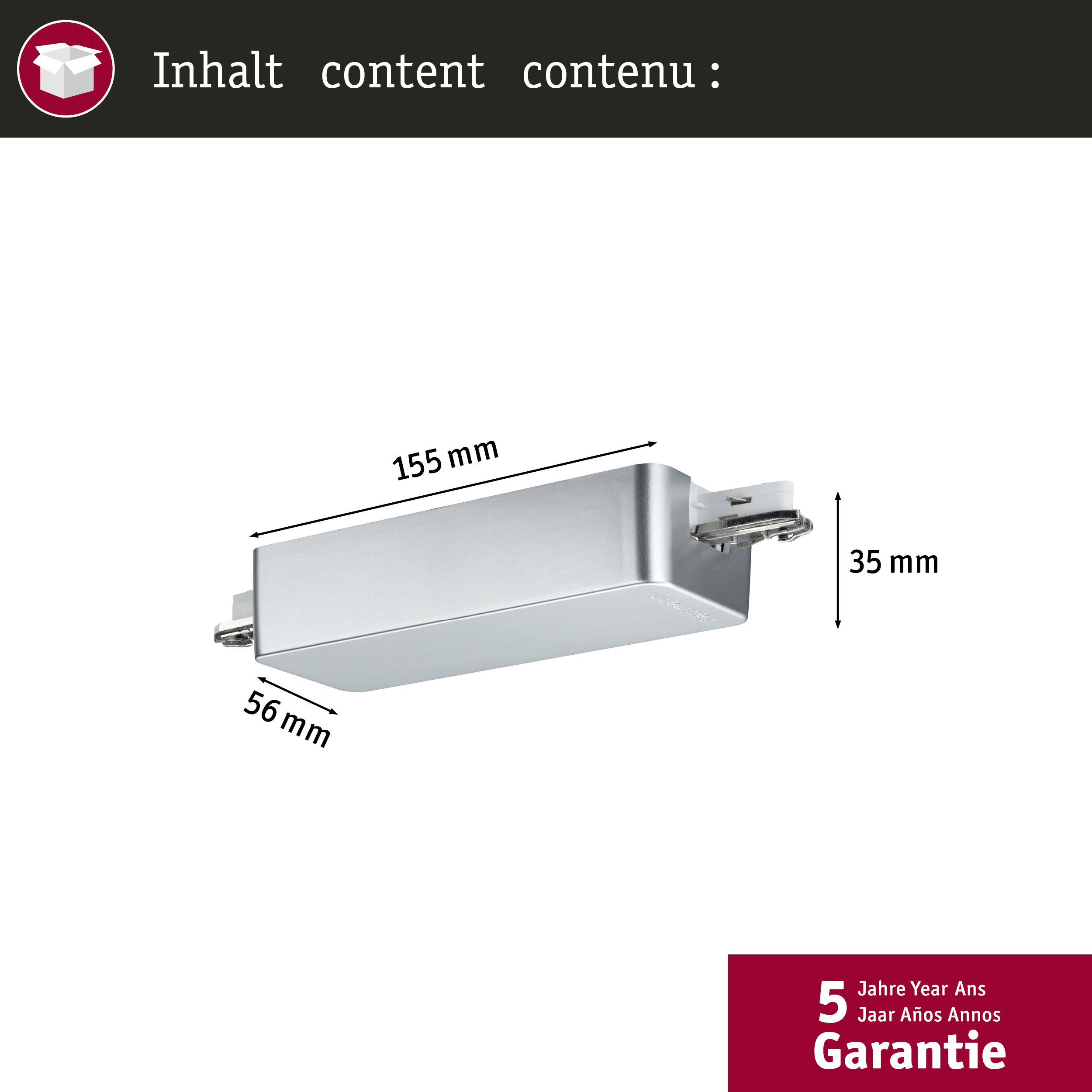 Silbernes Objekt mit Maßen 155x56x35 mm und Garantie-Hinweis.