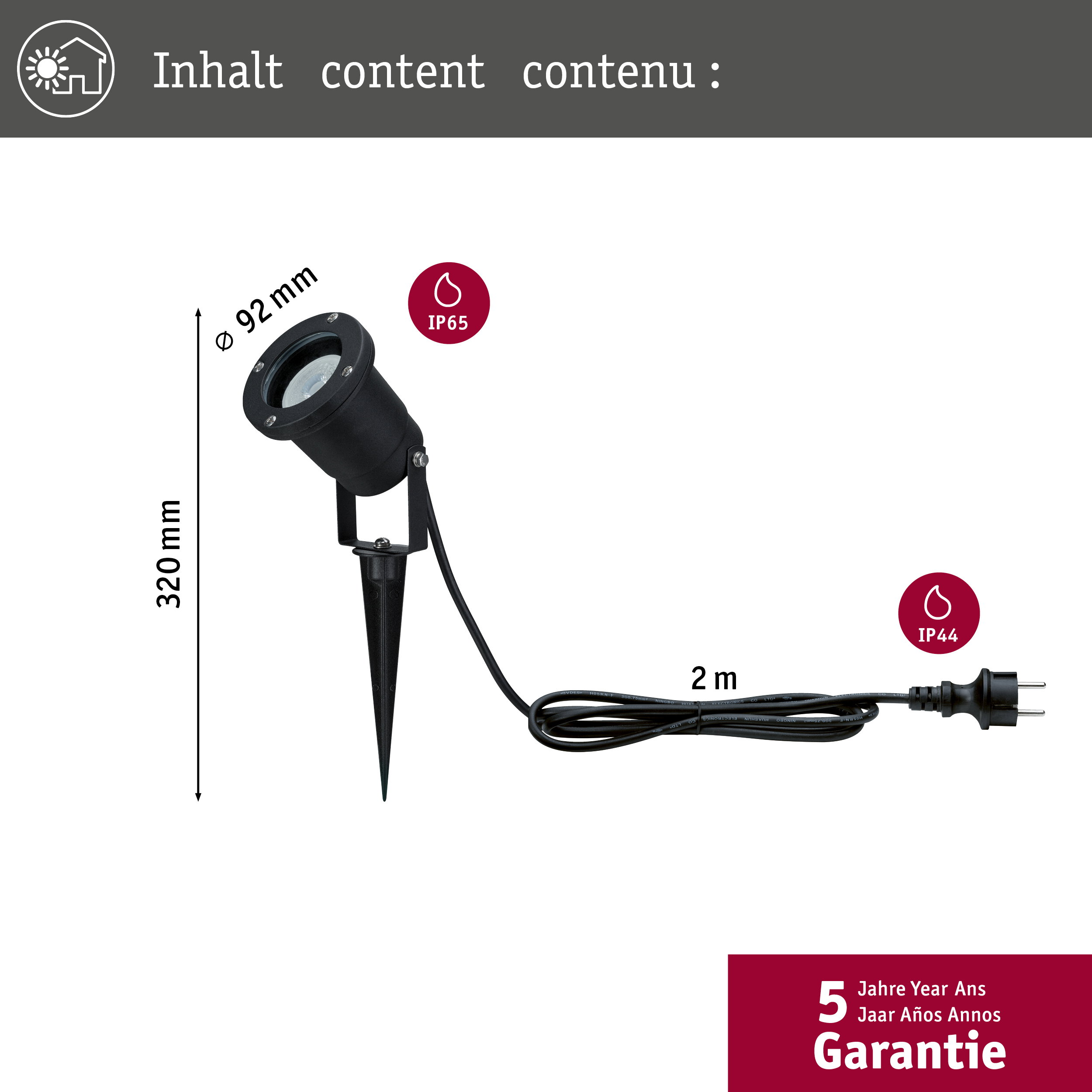 Faretto esterno nero con picchetto, alto 320mm, diametro 92mm, IP65.