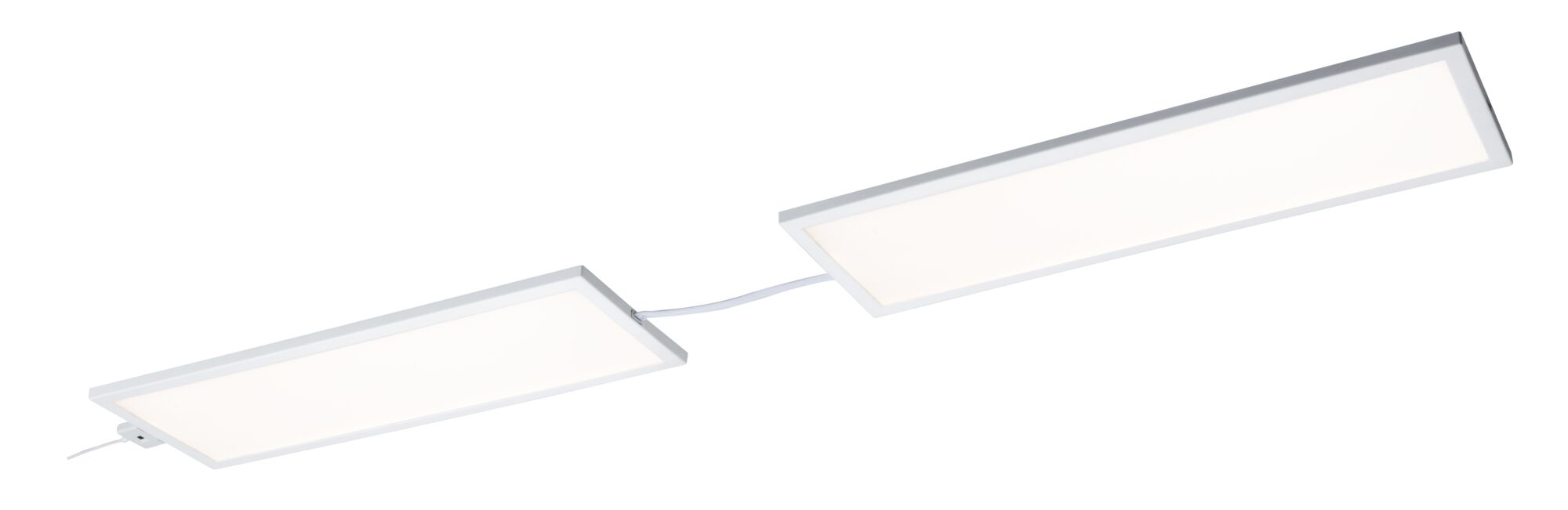 Zwei weiße LED-Paneele, verbunden durch ein Kabel, auf weißem Hintergrund.