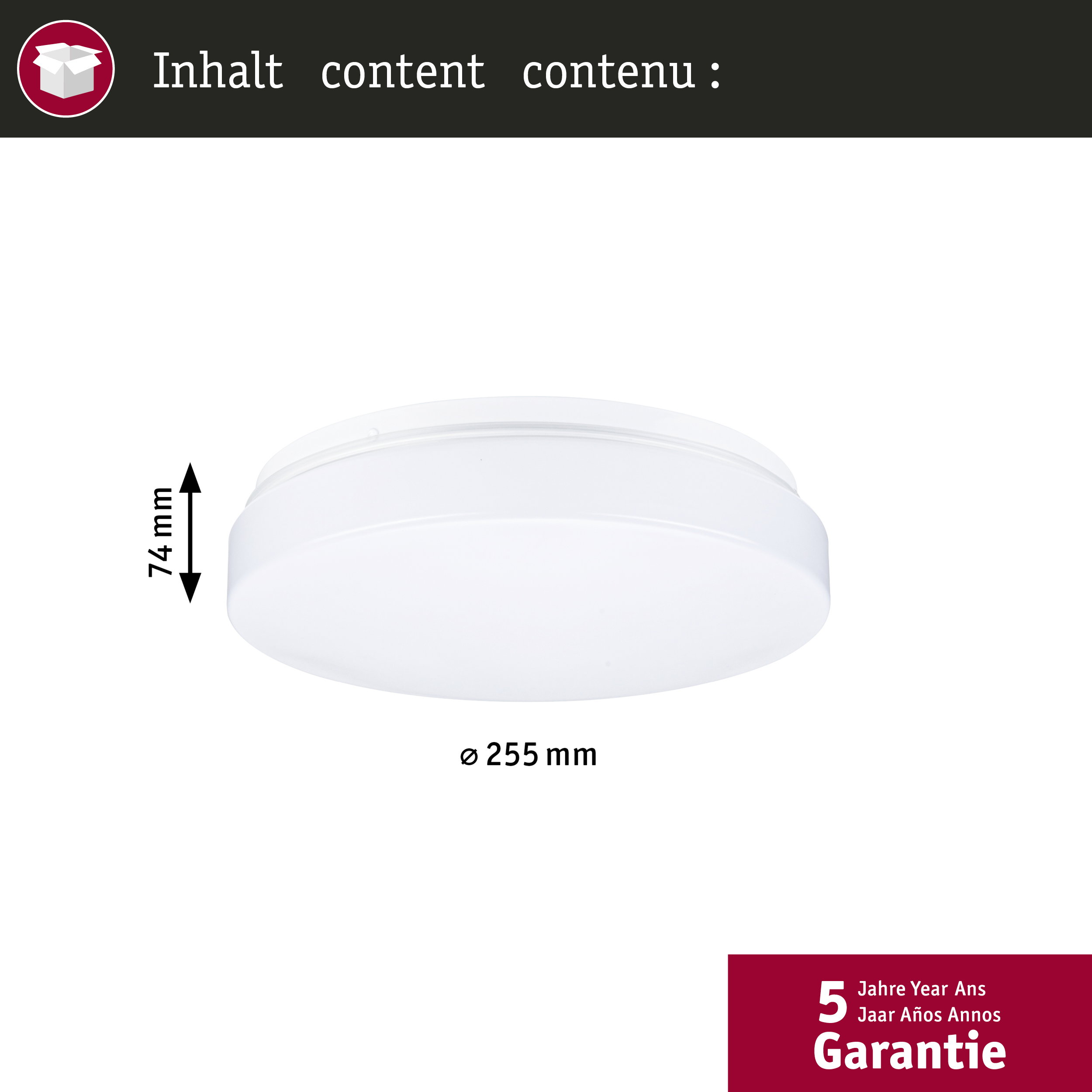 Luce da soffitto bianca, diametro 255 mm, altezza 74 mm. Garanzia 5 anni.