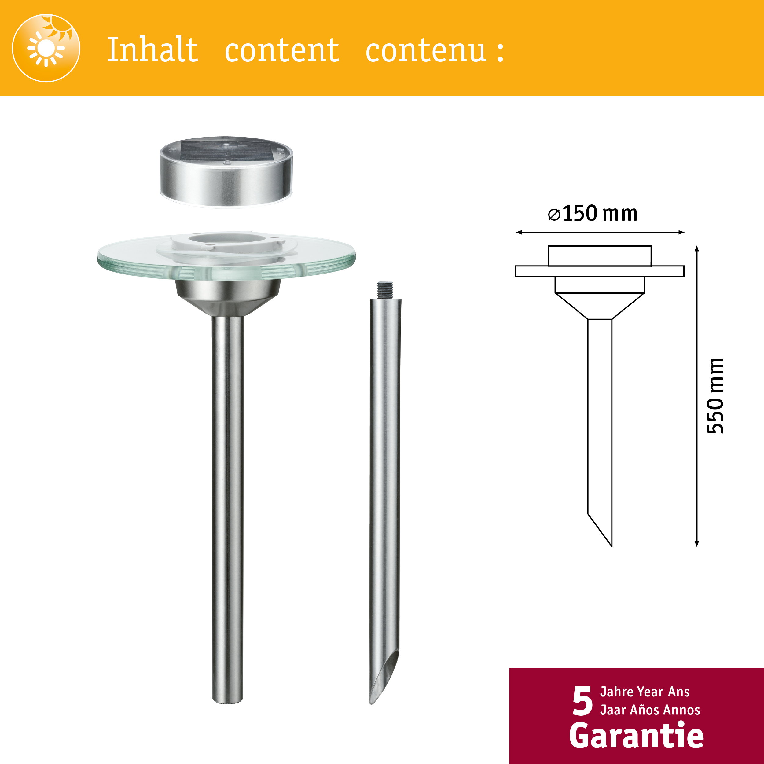 Ein Gartenlicht mit Erdspieß, Glasplatte, Metall und Solar-Panel. Maße: Ø150mm, 550mm. 5 Jahre Garantie.