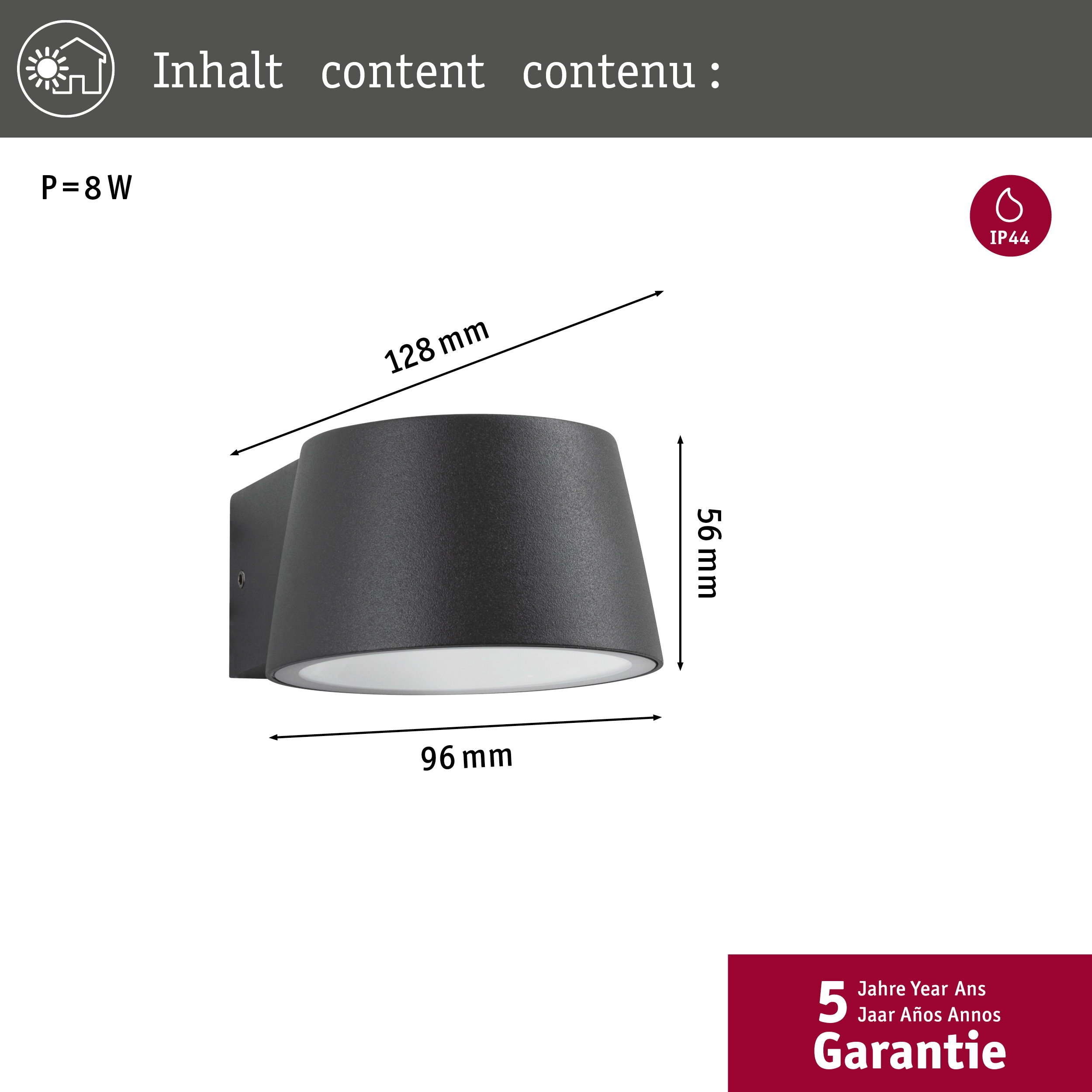 Lampada da parete nera, 8W, 128x96x56mm, IP44. Garanzia 5 anni.