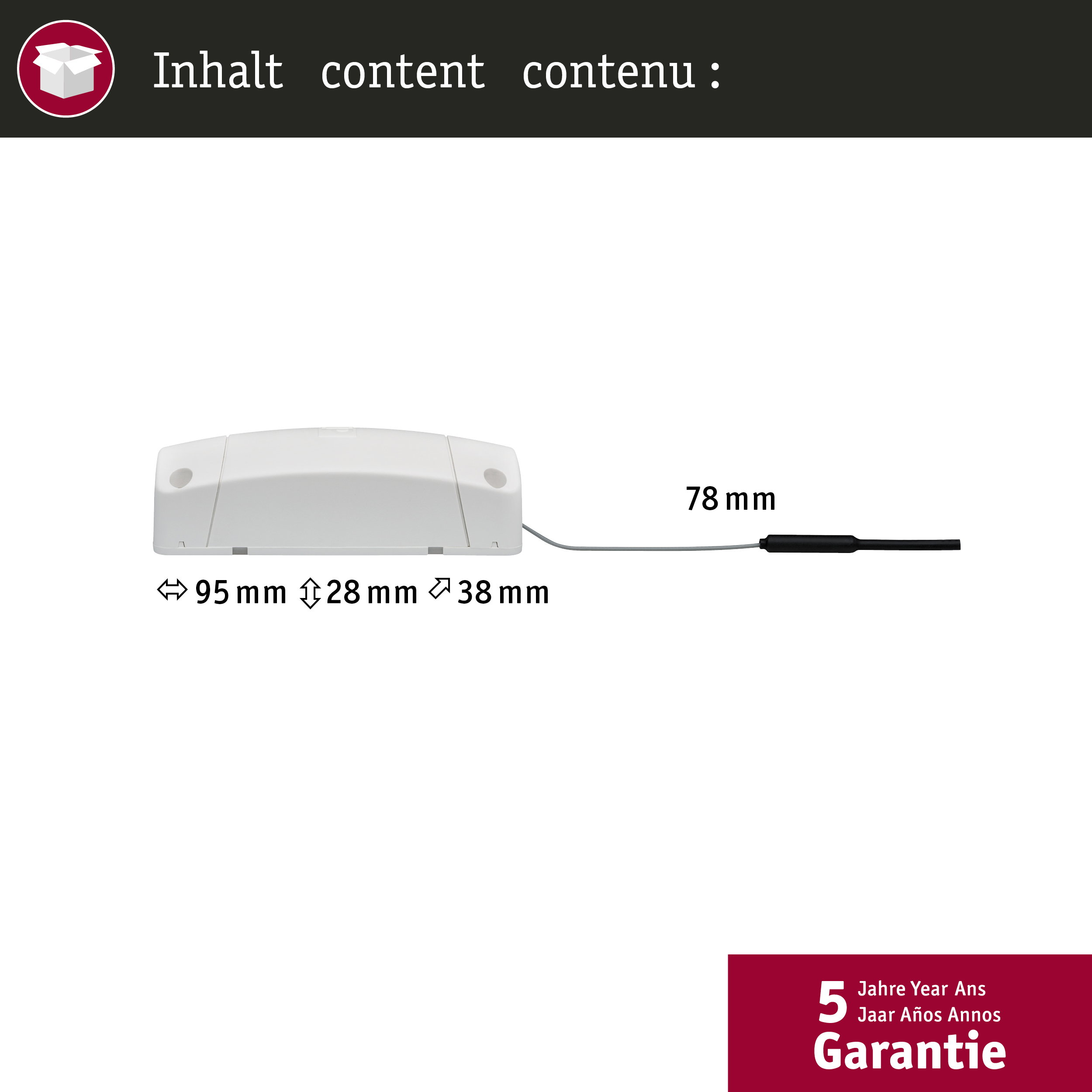 Ein weißes Objekt mit Maßen 95x28x38mm und einem Kabel.