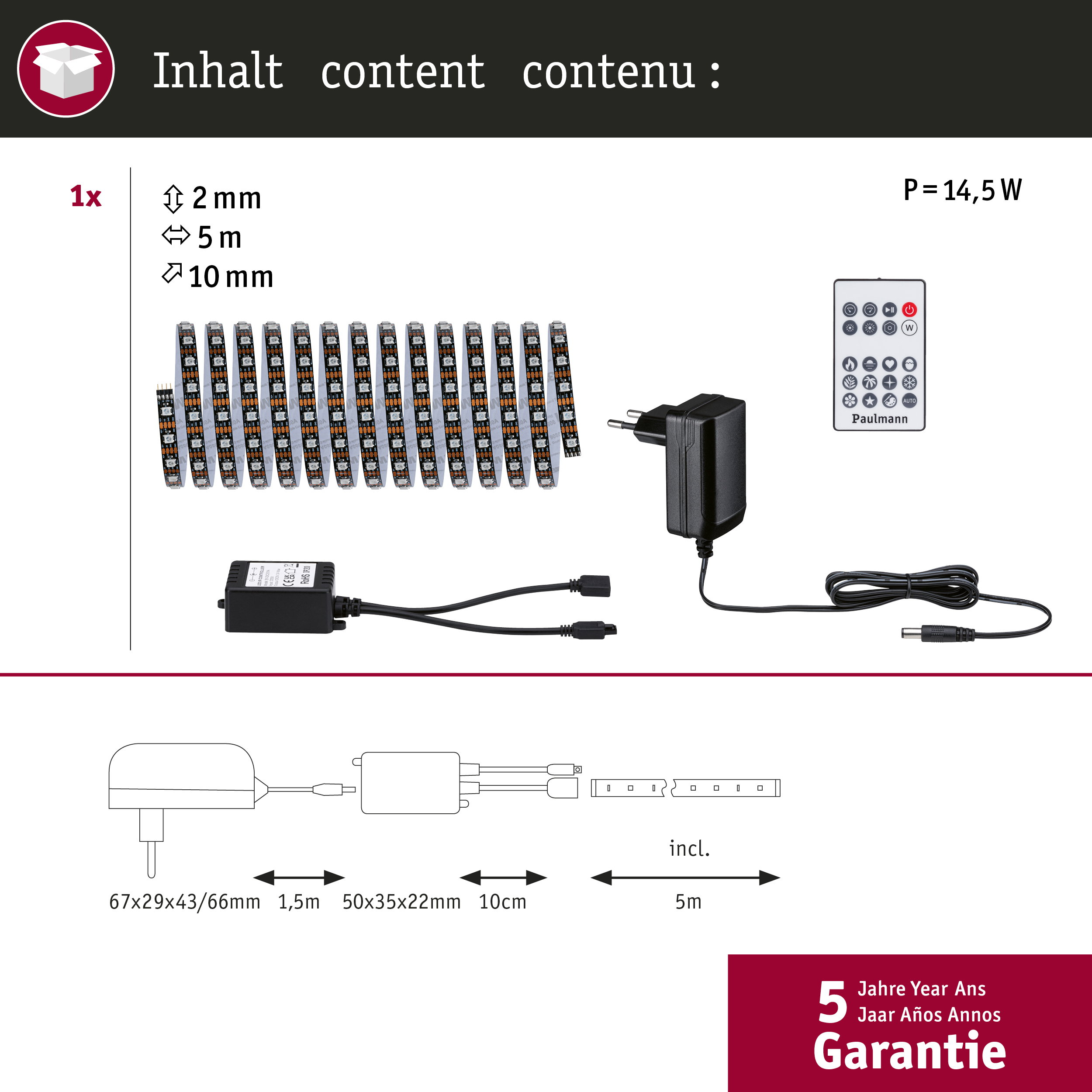 Zawartość: 1x taśma LED (2mm x 10mm, 5m), zasilacz, pilot, kontroler.