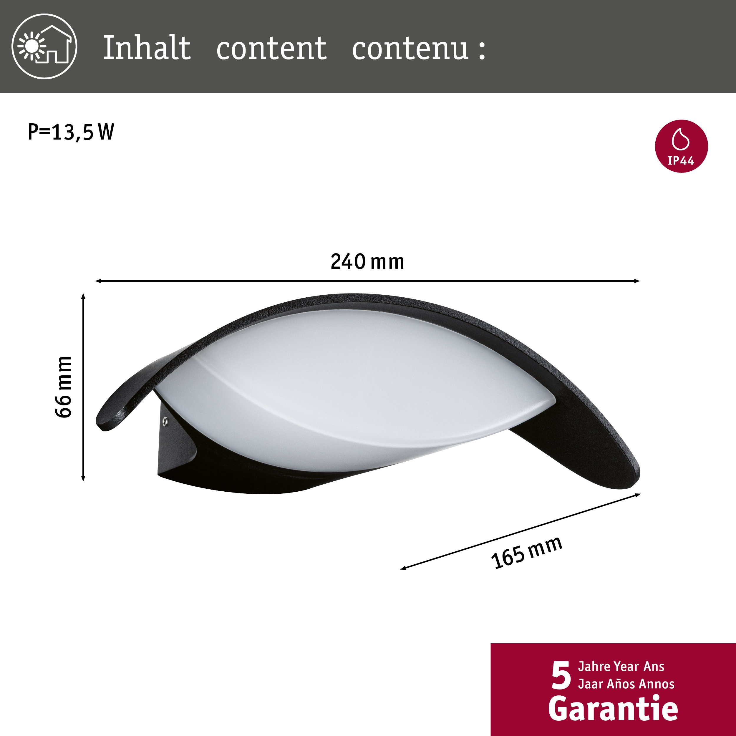 Ein schwarzer Wandleuchter mit Maßen von 240x165x66mm, 13,5W, IP44.