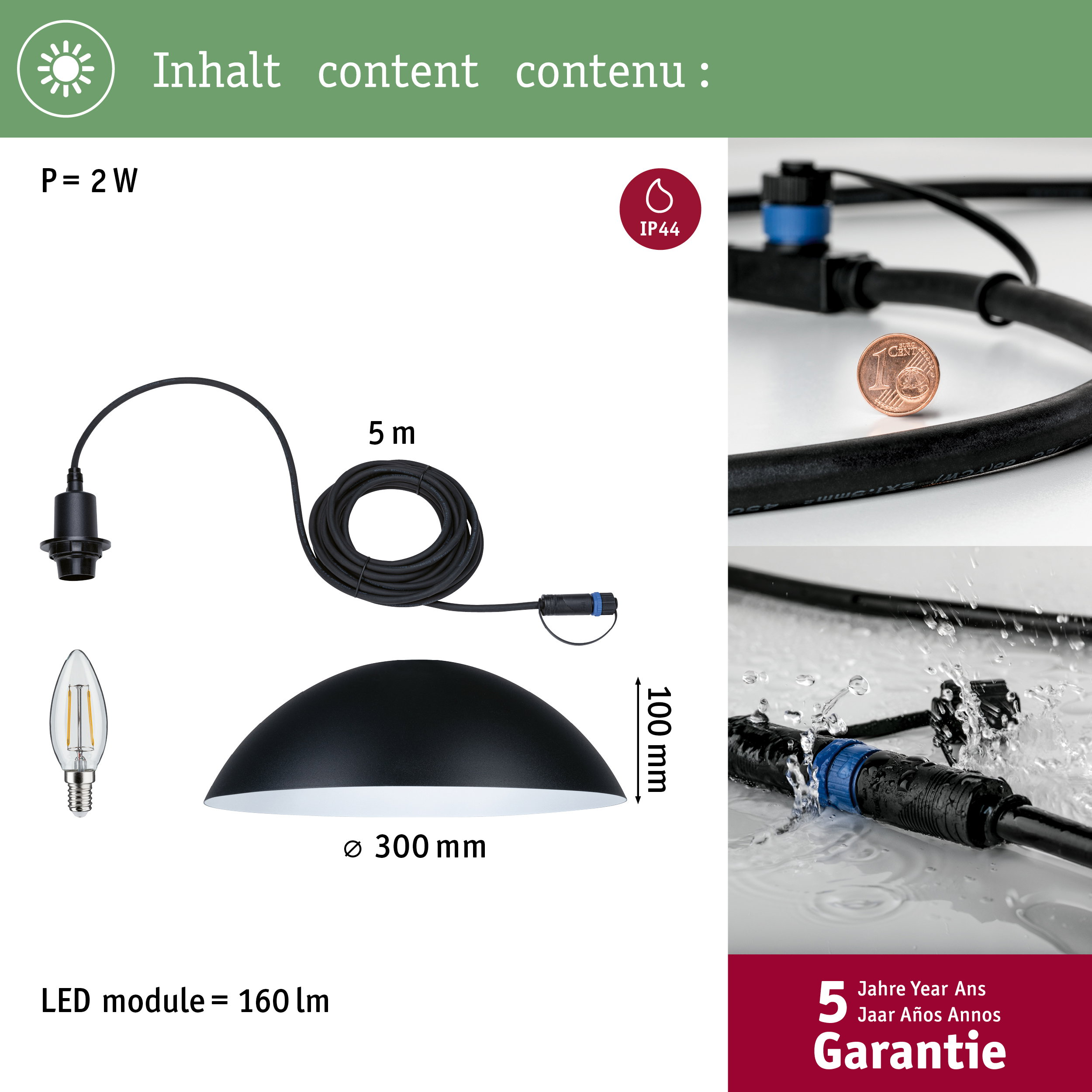 2W Lampe: 5m Kabel, 30cm Schirm, IP44, 160lm LED, 5 Jahre Garantie.