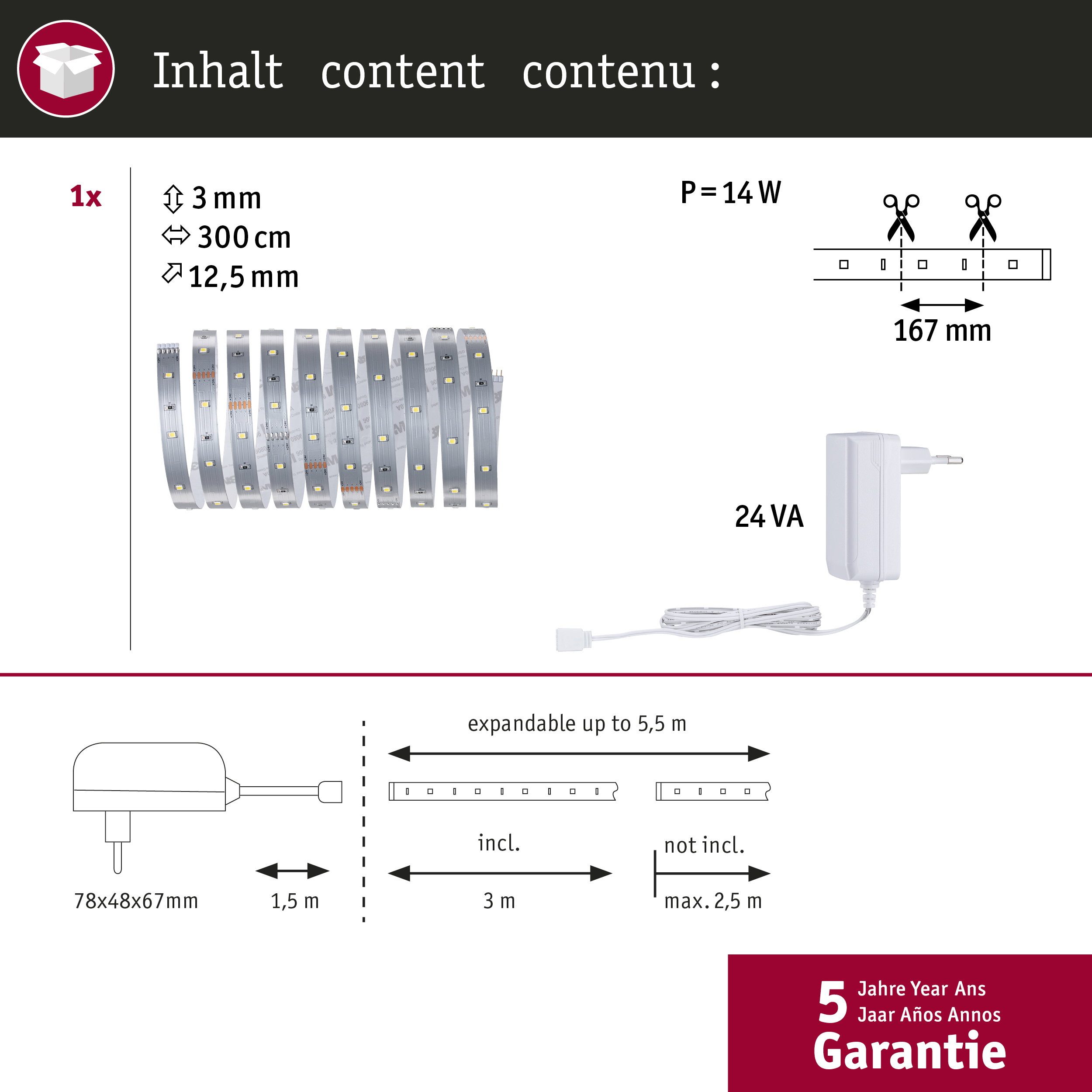Eine LED-Leiste, Netzteil, Maße und erweiterbare Länge sind abgebildet.