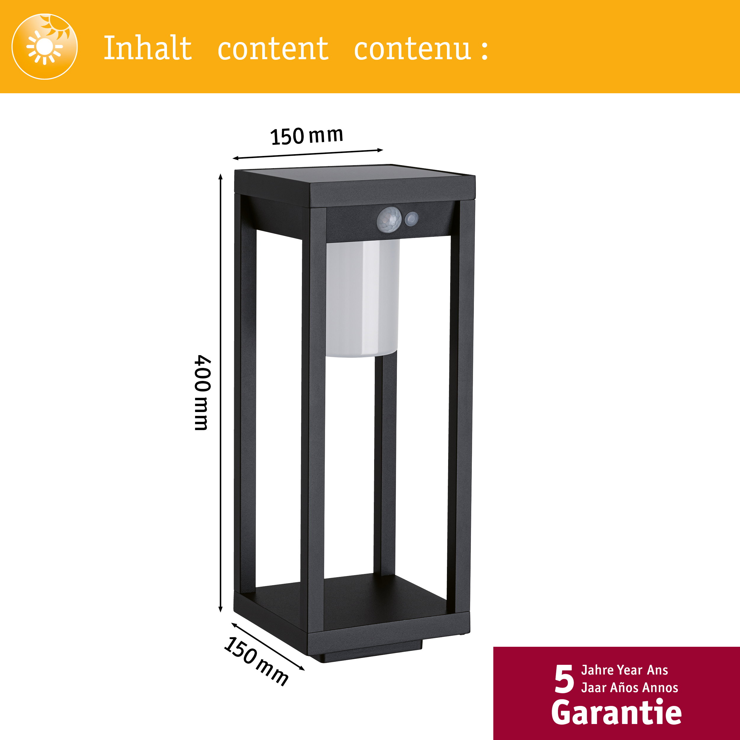 Schwarze Lampe, 150x150x400mm, mit Bewegungsmelder und 5 Jahre Garantie.