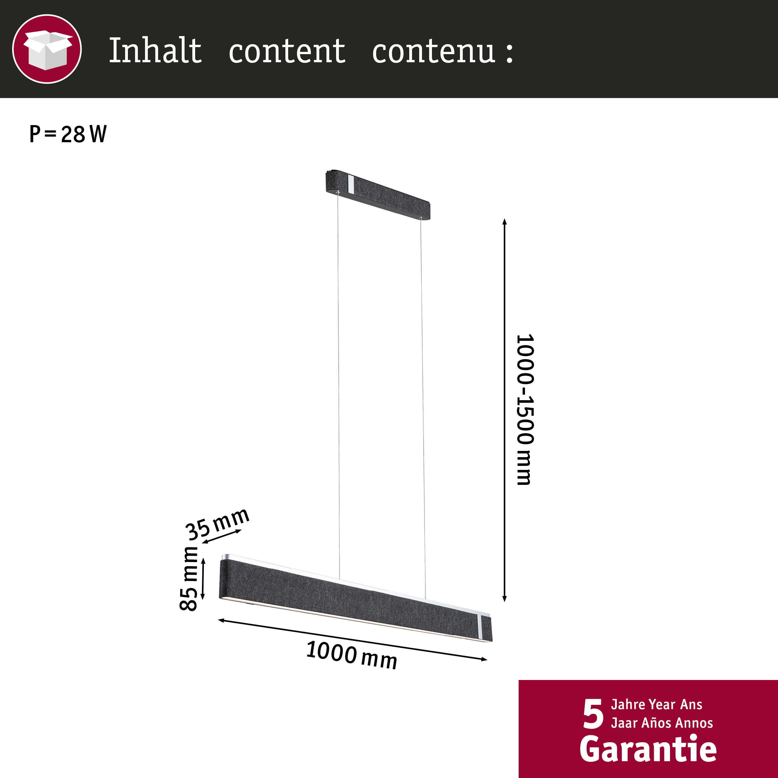 Eine Hängeleuchte mit 1000mm Länge, 85mm Höhe, 35mm Breite, 28W.