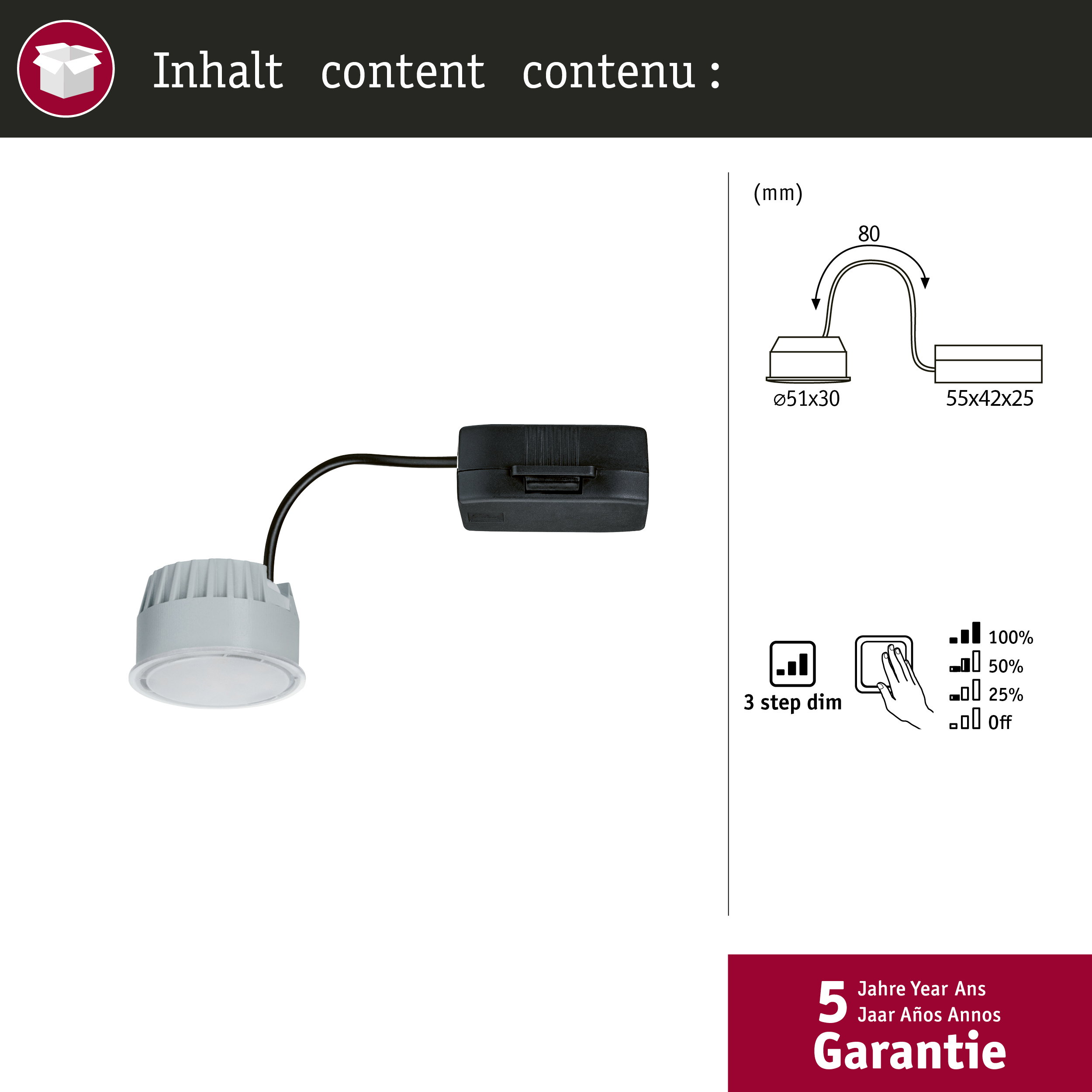 Disegno tecnico di un apparecchio di illuminazione con dimensioni e dimmerazione a 3 step.