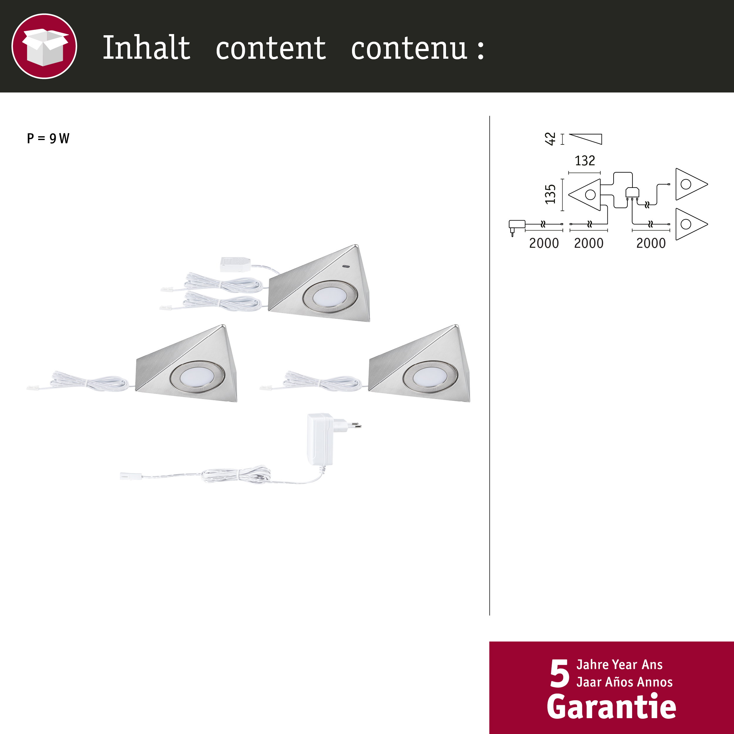 Drei dreieckige LED-Leuchten mit Kabeln und ein Netzteil. Technische Zeichnung daneben.