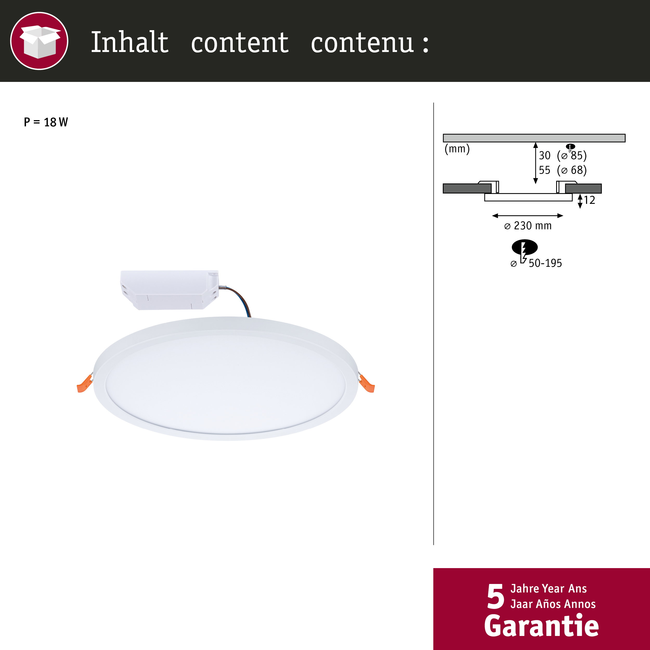 Weiße Einbauleuchte mit Netzteil und technischen Maßen.
