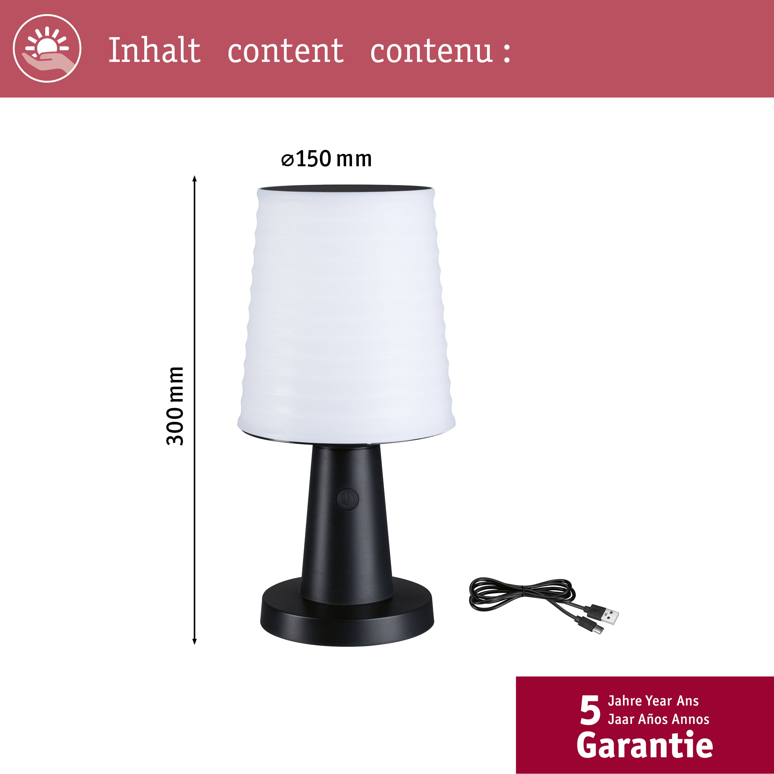 Czarna lampa stołowa, 300mm wysoka, 150mm szeroka, z kablem USB i 5-letnią gwarancją.
