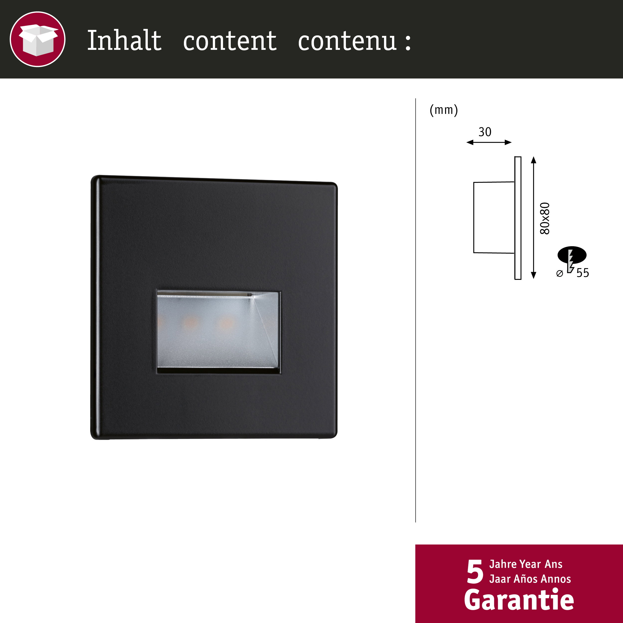 Schwarze Wandleuchte mit Maßangaben und 5 Jahre Garantie.