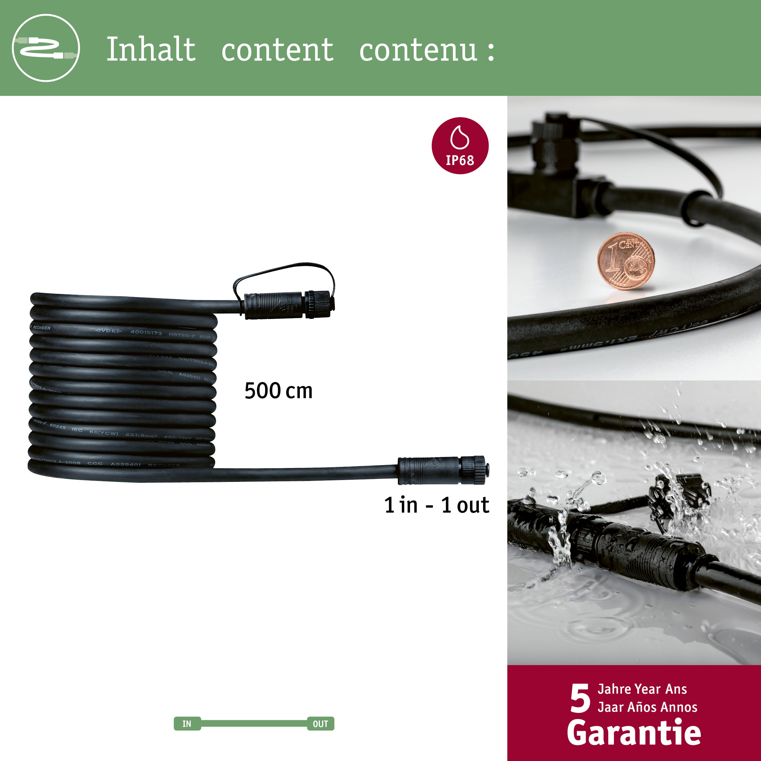 Czarny kabel 500cm ze złączem 1-in-1-out, certyfikat IP68.