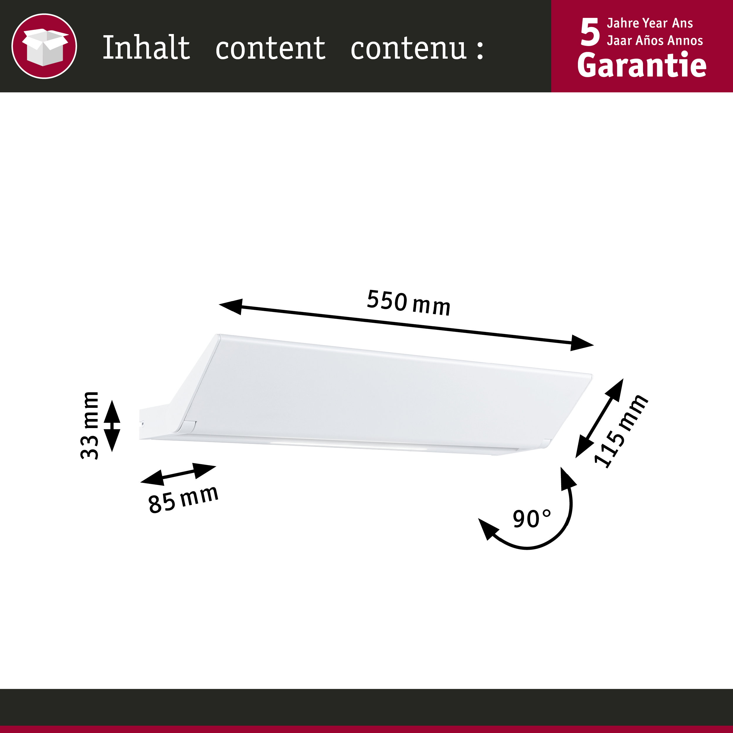 Weiße Leiste mit Maßen: 550mm Länge, 33mm Höhe, 85mm Breite, 115mm Tiefe, 90 Grad Winkel.