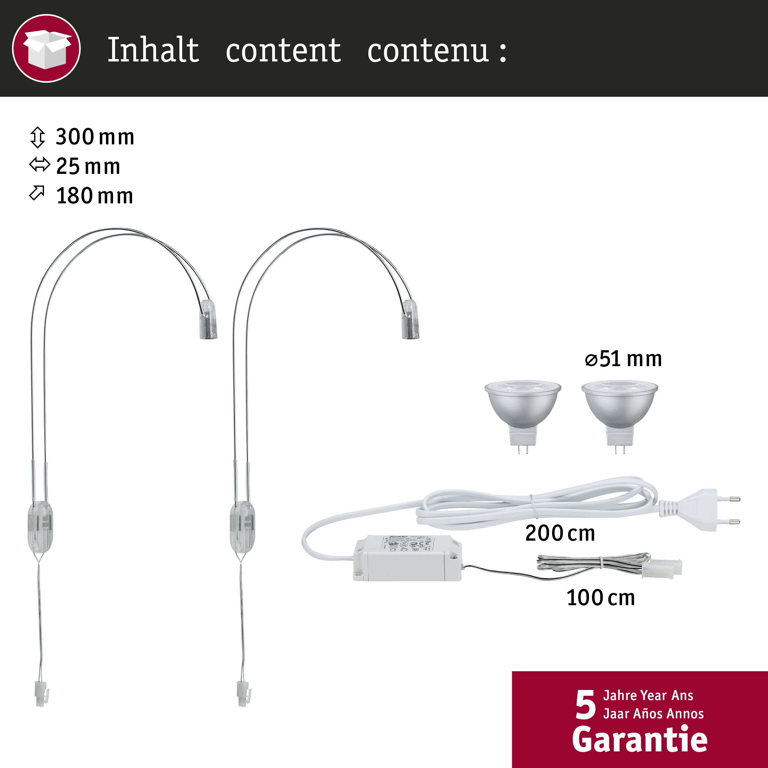 Due lampade, trasformatore, cavi, spina e lampadine con dimensioni.