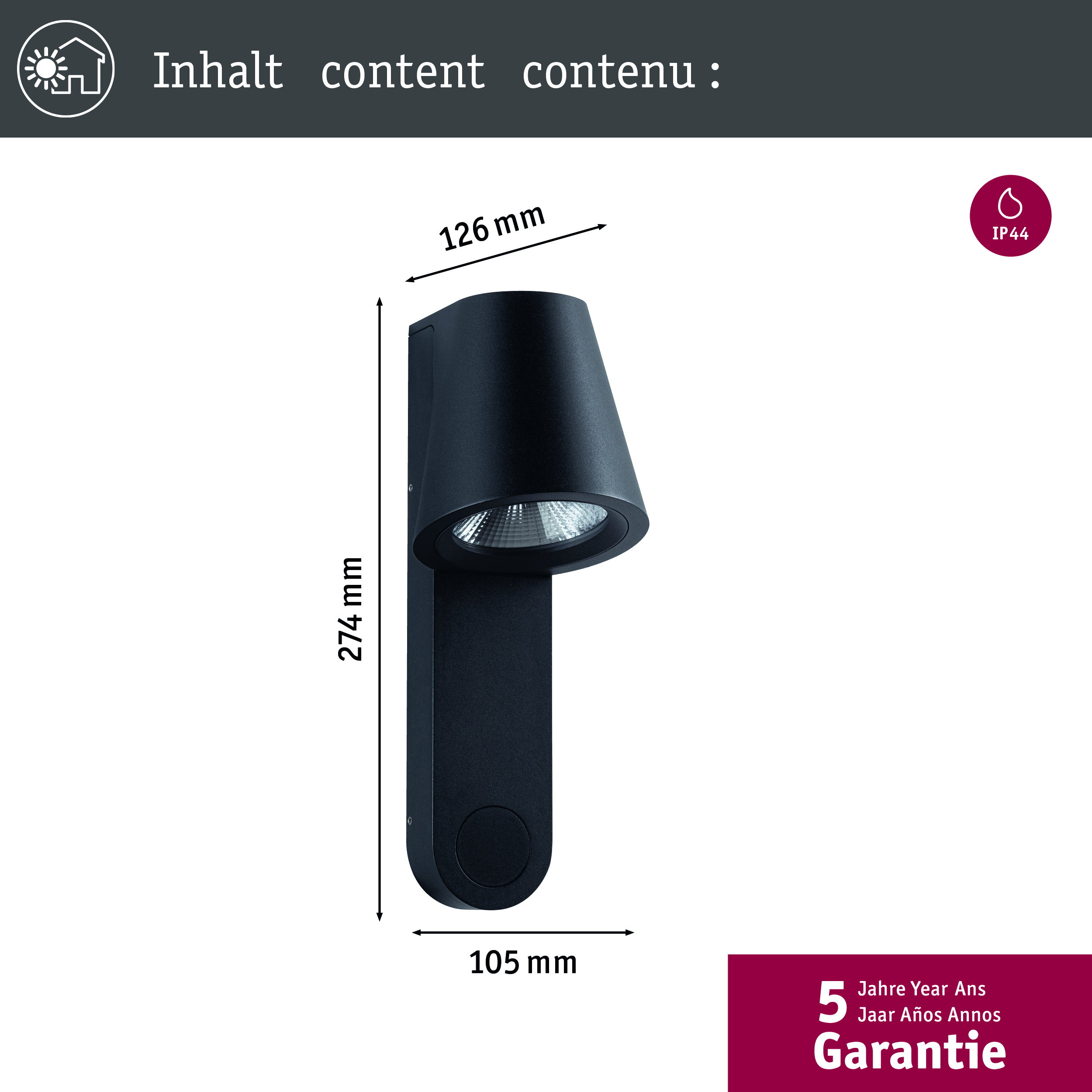 Czarna lampa ścienna o wymiarach 274x126x105 mm, stopień ochrony IP44.