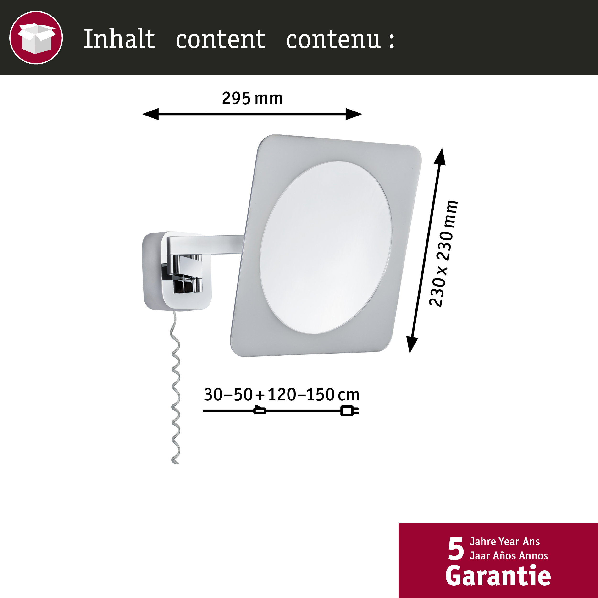 Uno specchio cosmetico quadrato con illuminazione a LED, dimensioni 230x230mm, larghezza 295mm.