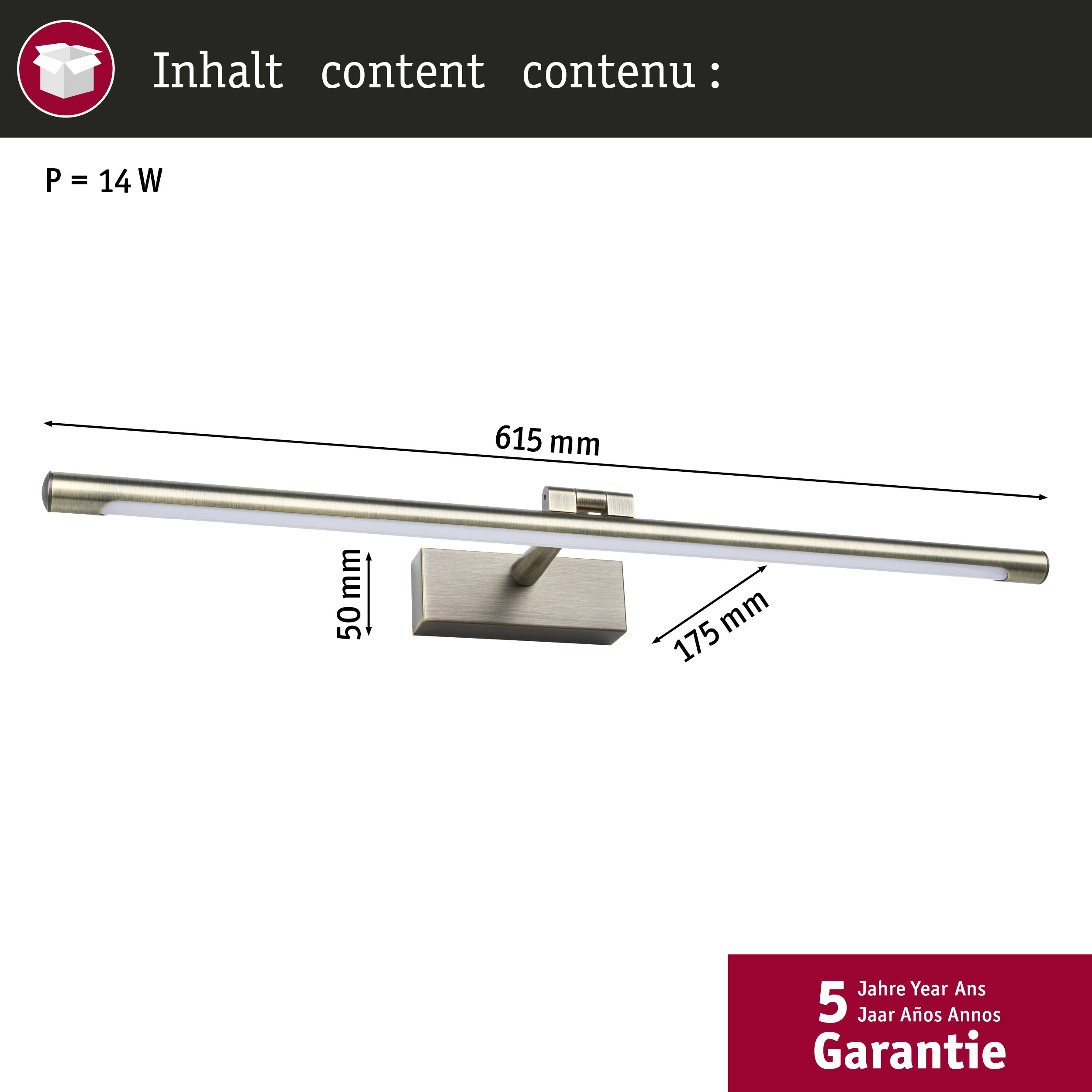 Eine schmale, bronzefarbene Lampe mit Maßen 615x50x175mm.