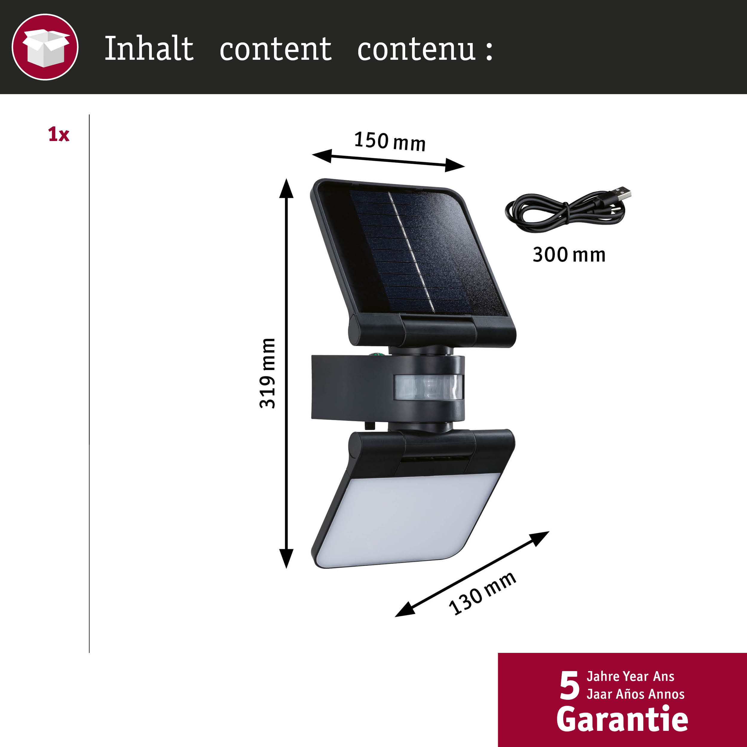 Lampa solarna z czujnikiem ruchu, kablem ładującym i wymiarami.
